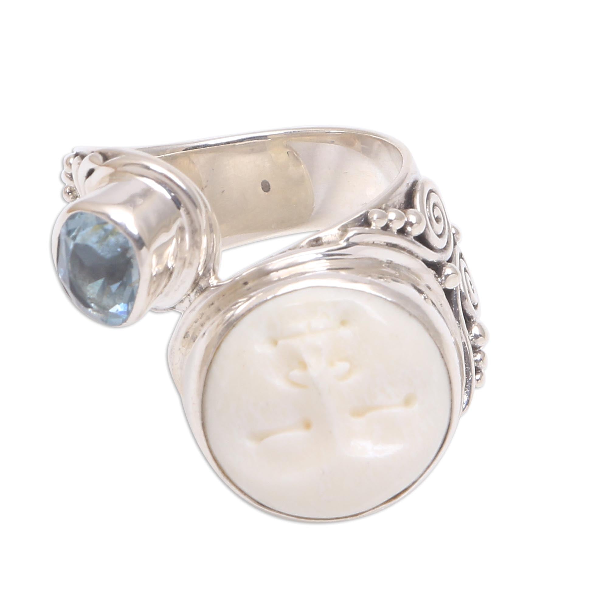 Premium Blue Topaz & Cow Bone Cocktail Ring – Handcrafted Sterling Silver Jewelry