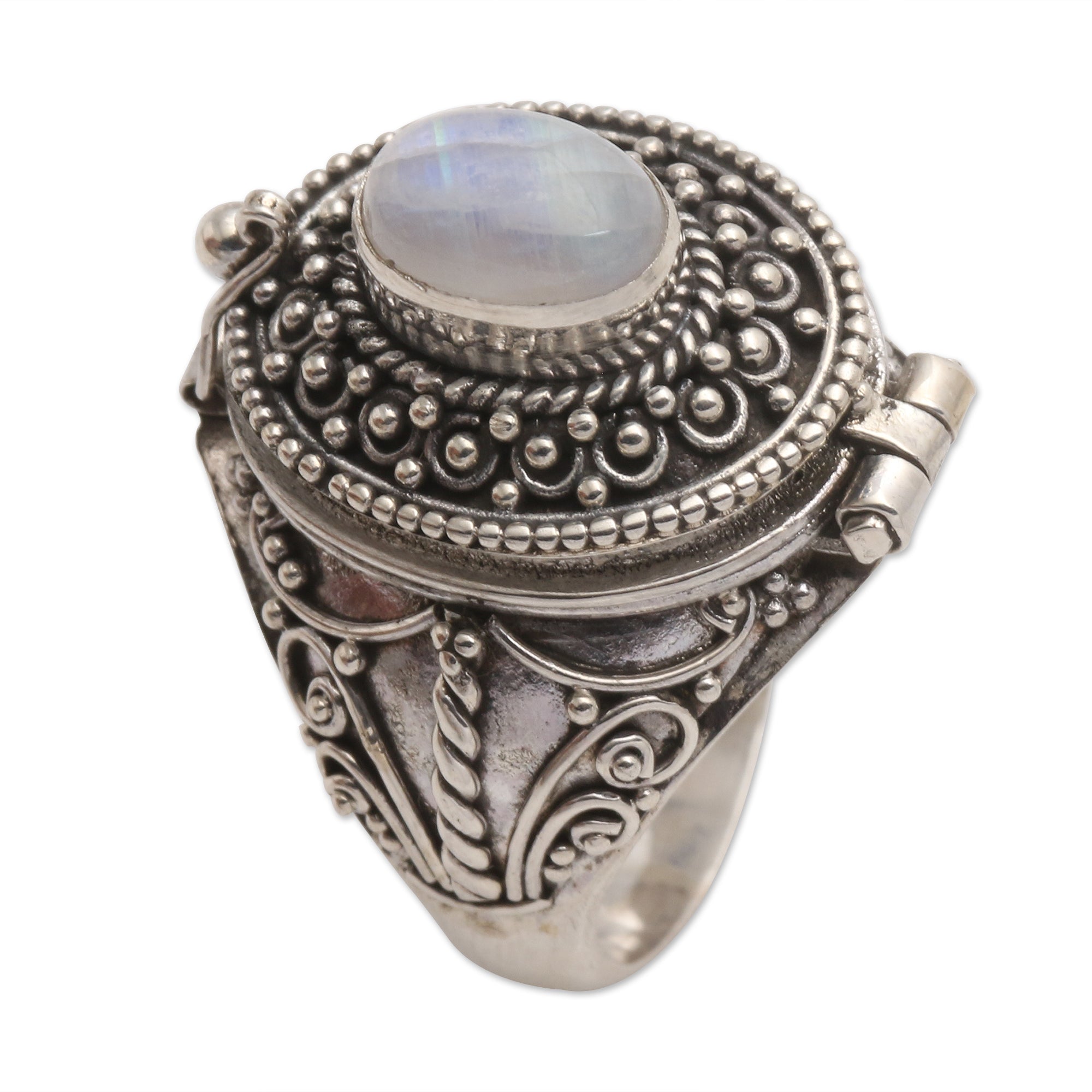 Premium Secret Compartment Rainbow Moonstone Cocktail Ring - Sterling Silver