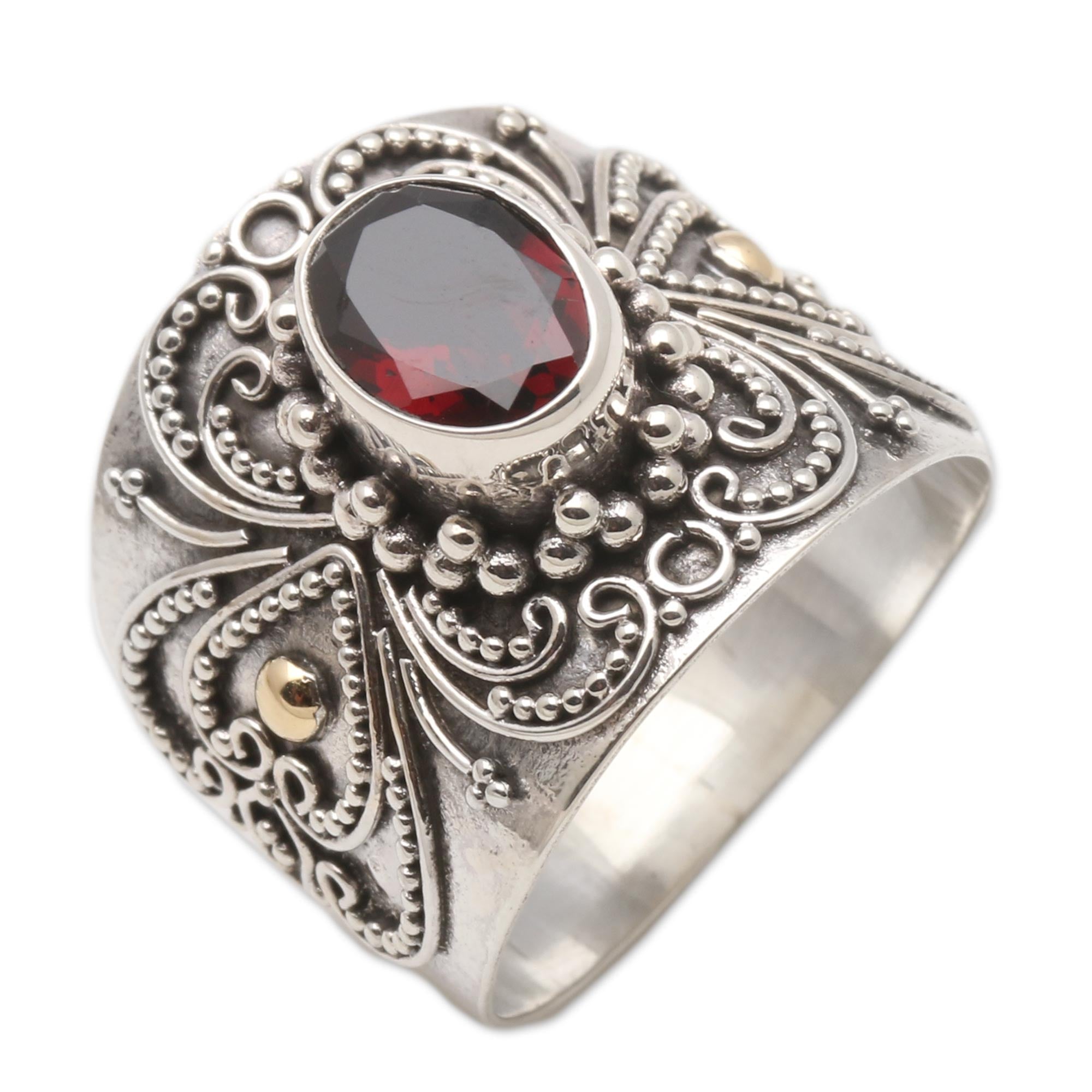 Premium Oval Garnet Ring with Balinese Silver & Gold Accents