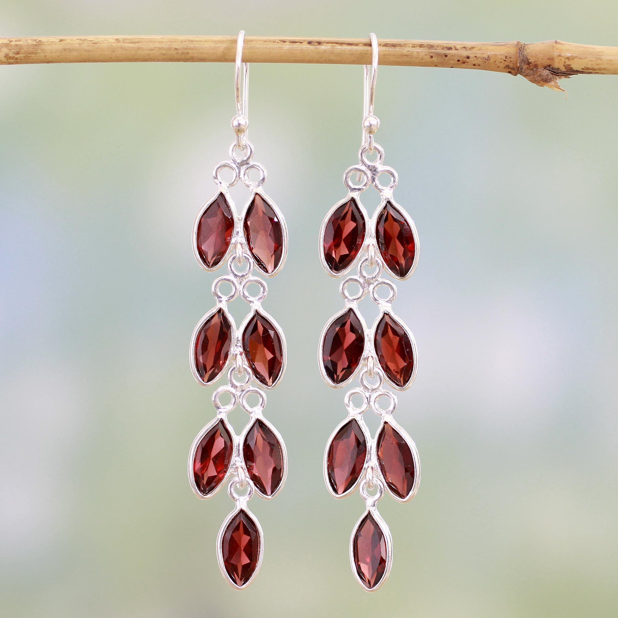 Premium Garnet Leaf Dangle Earrings - Handmade Sterling Silver Jewelry