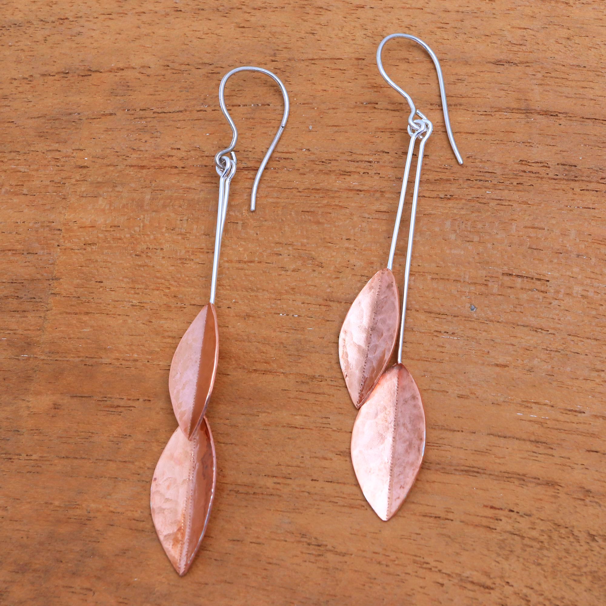 Premium Rose Gold Accent Sterling Silver Leaf Dangle Earrings