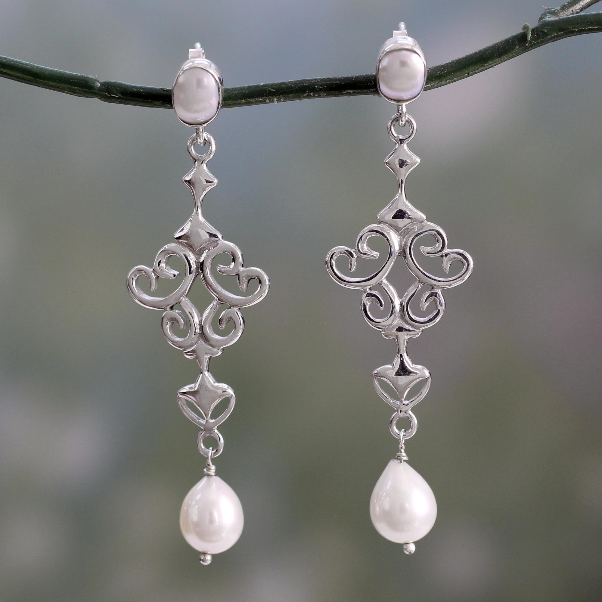 Premium Ode to Fantasy Shiny Sterling Silver Earrings with White Pearls - Ultimate Elegance