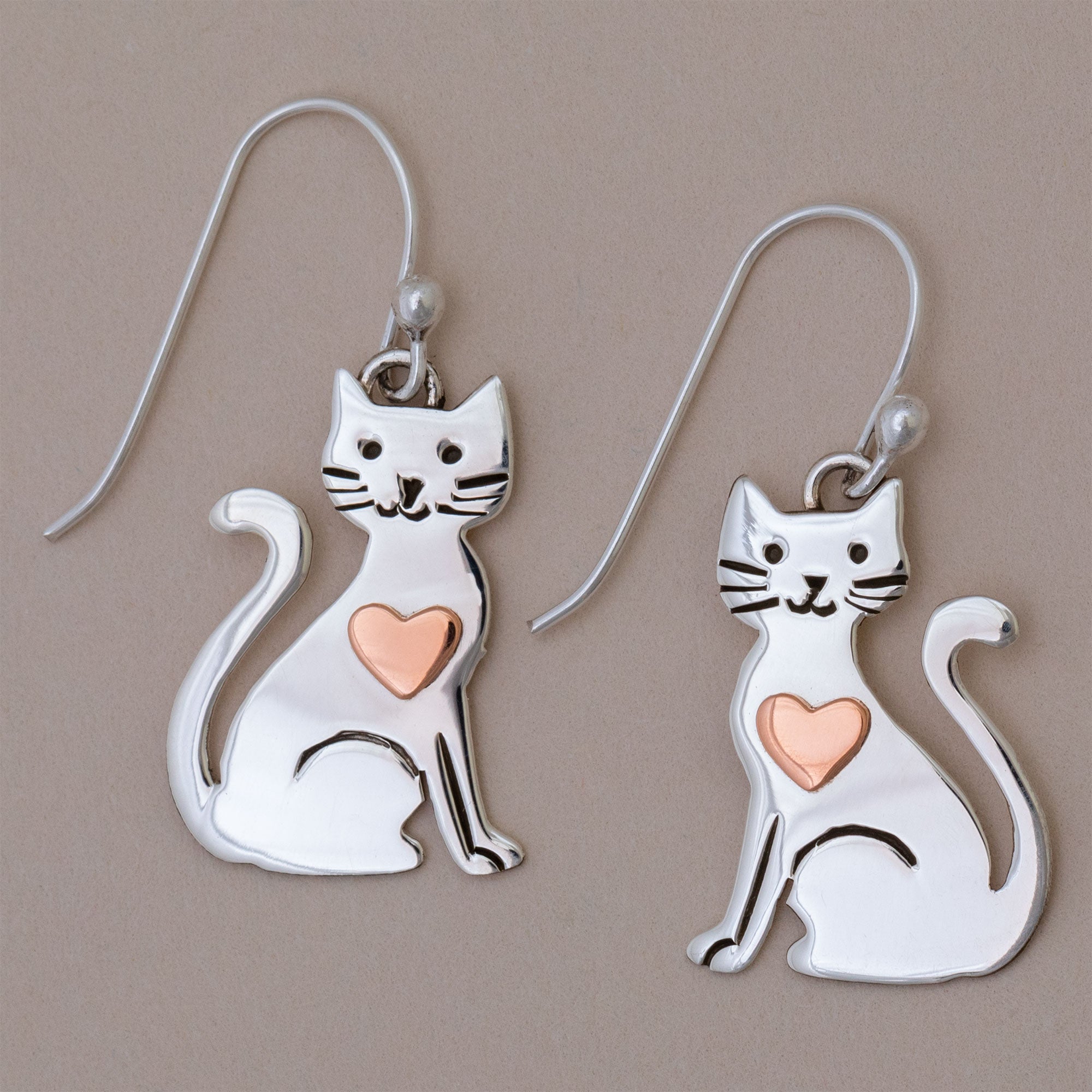 Premium Sterling Silver Cat Earrings with Copper Heart