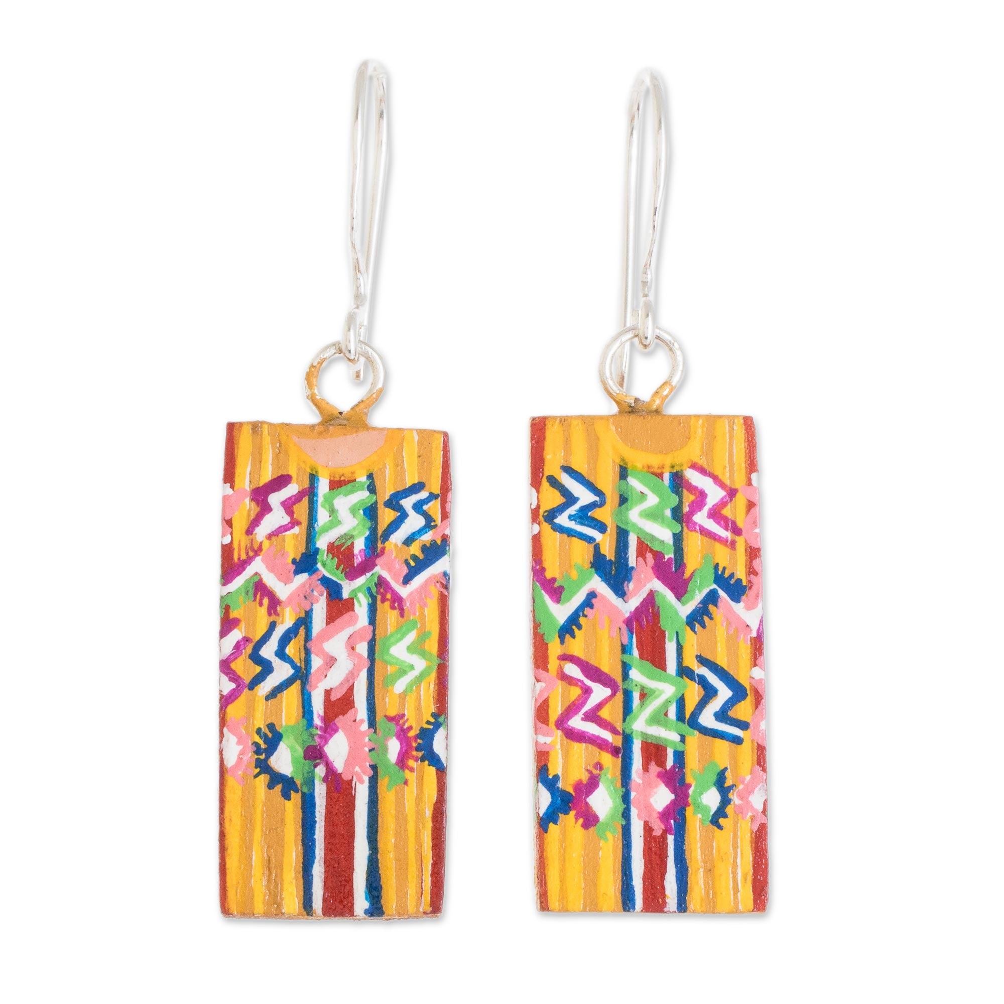 Premium Huipil-Inspired Wood Dangle Earrings – Handcrafted in Guatemala