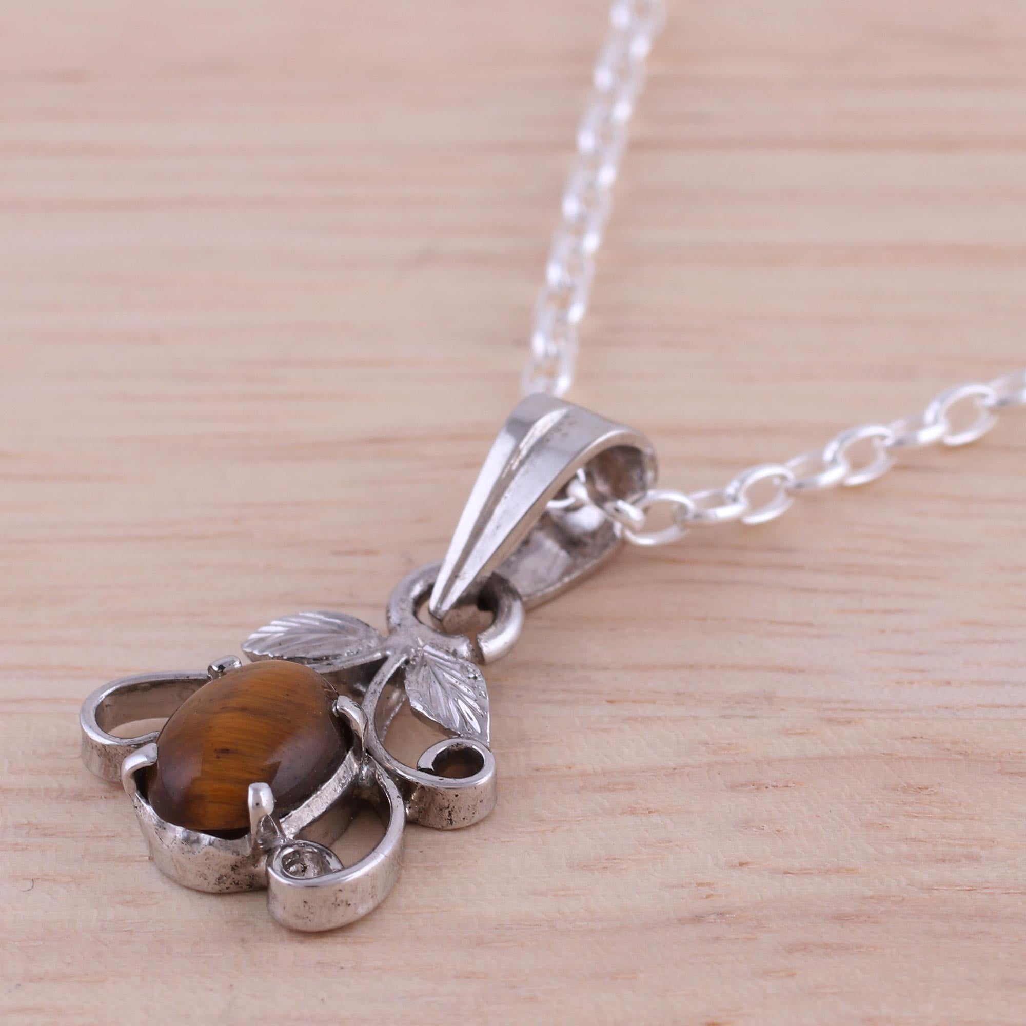 Premium Rhodium-Plated Tiger's Eye Pendant Necklace | Handcrafted Elegance from India