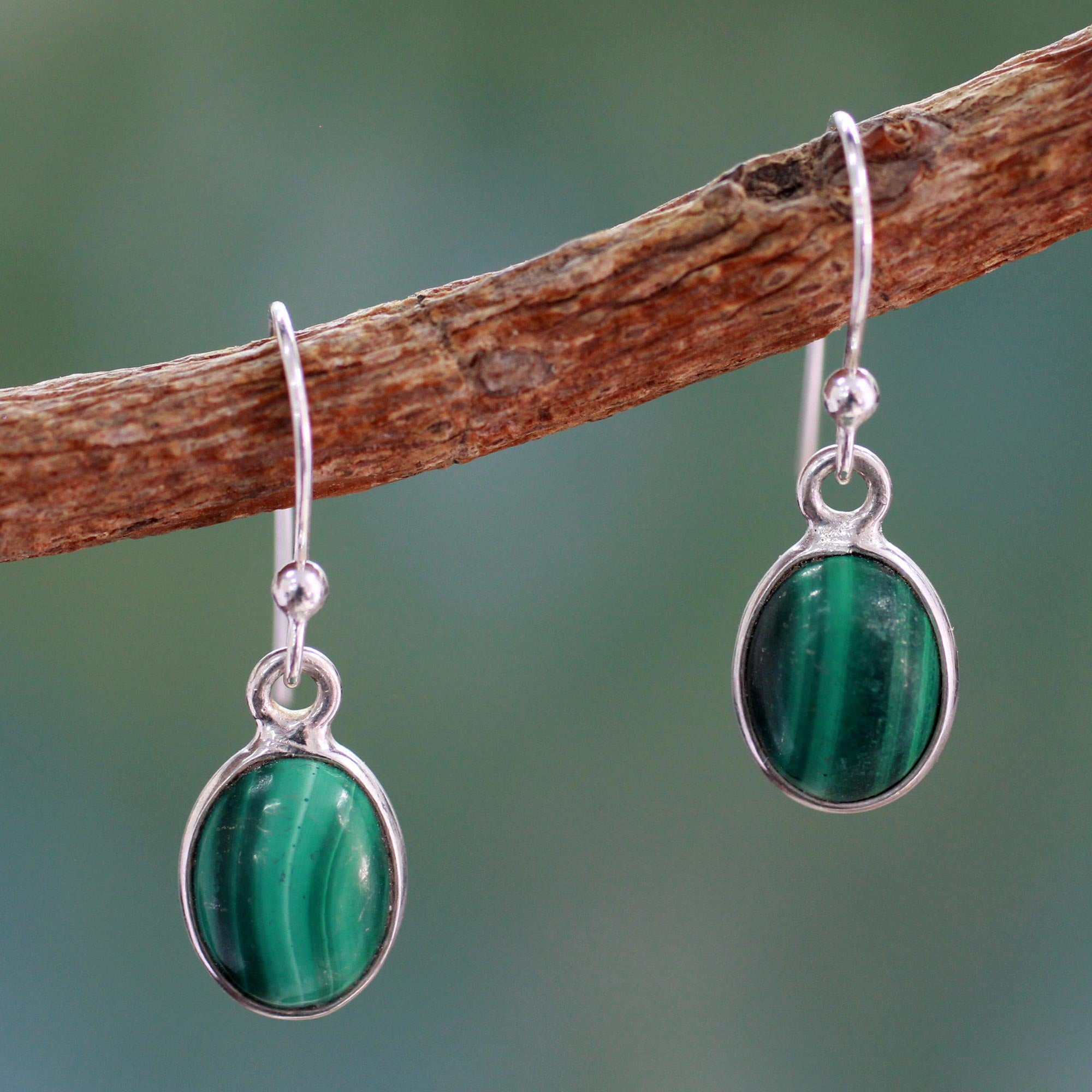 Premium Malachite Silver Dangle Earrings - Verdant Paths Collection