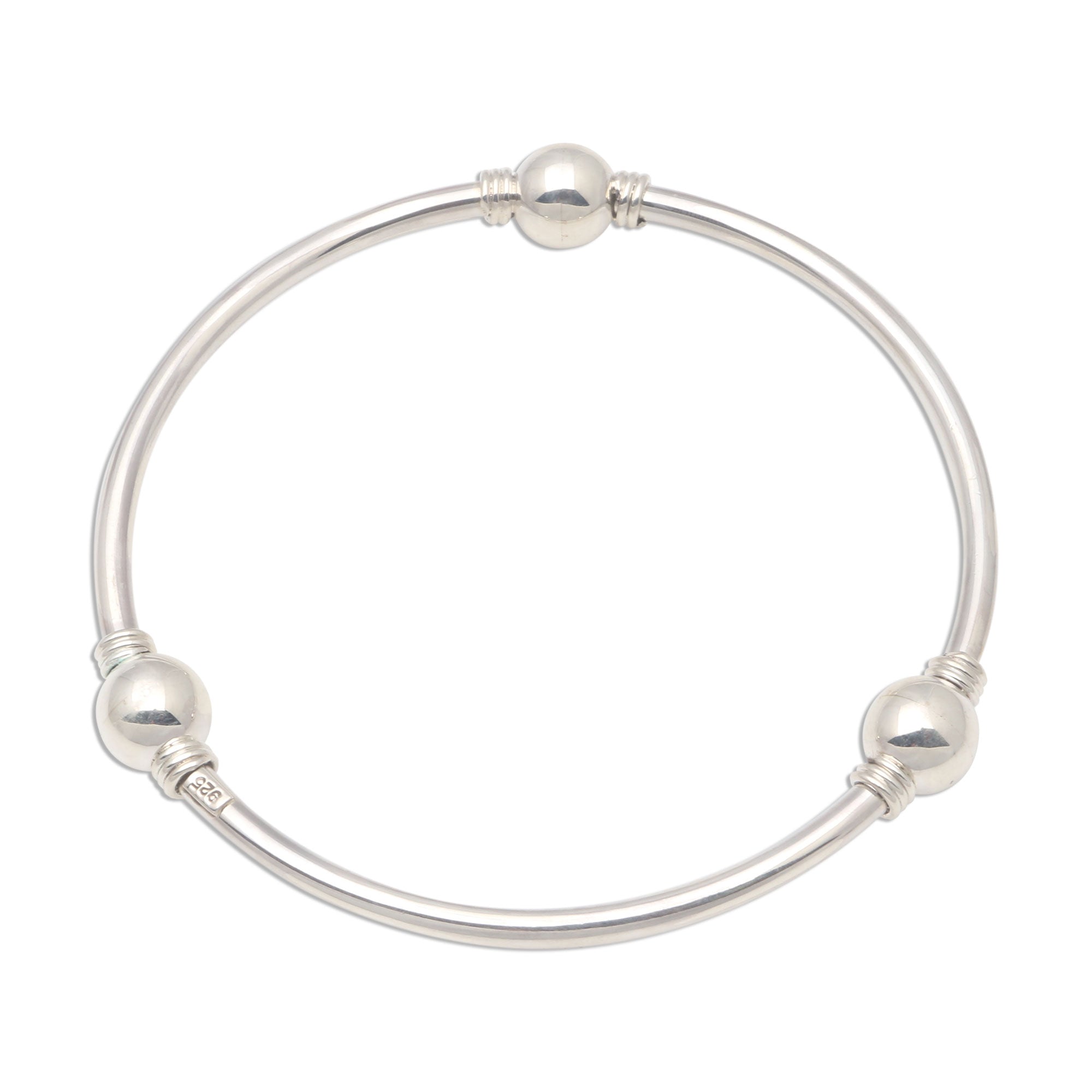 Premium Round Trio Orb Motif Sterling Silver Bangle Bracelet - Handcrafted in Bali