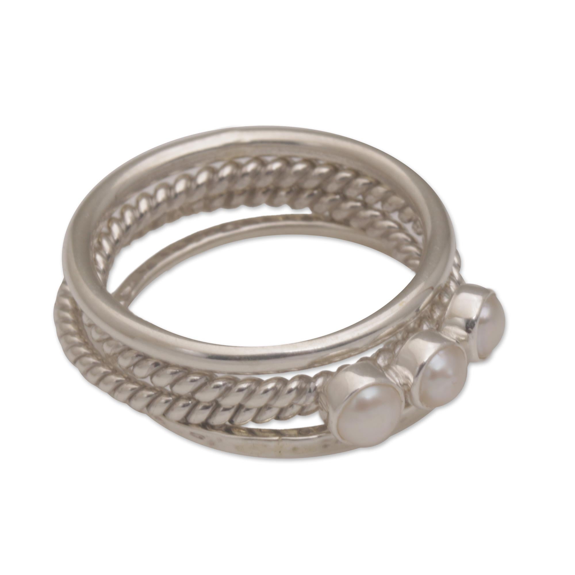 Premium United Moons 925 Sterling Silver & Cultured Pearl Stacking Ring Set (4-Piece)