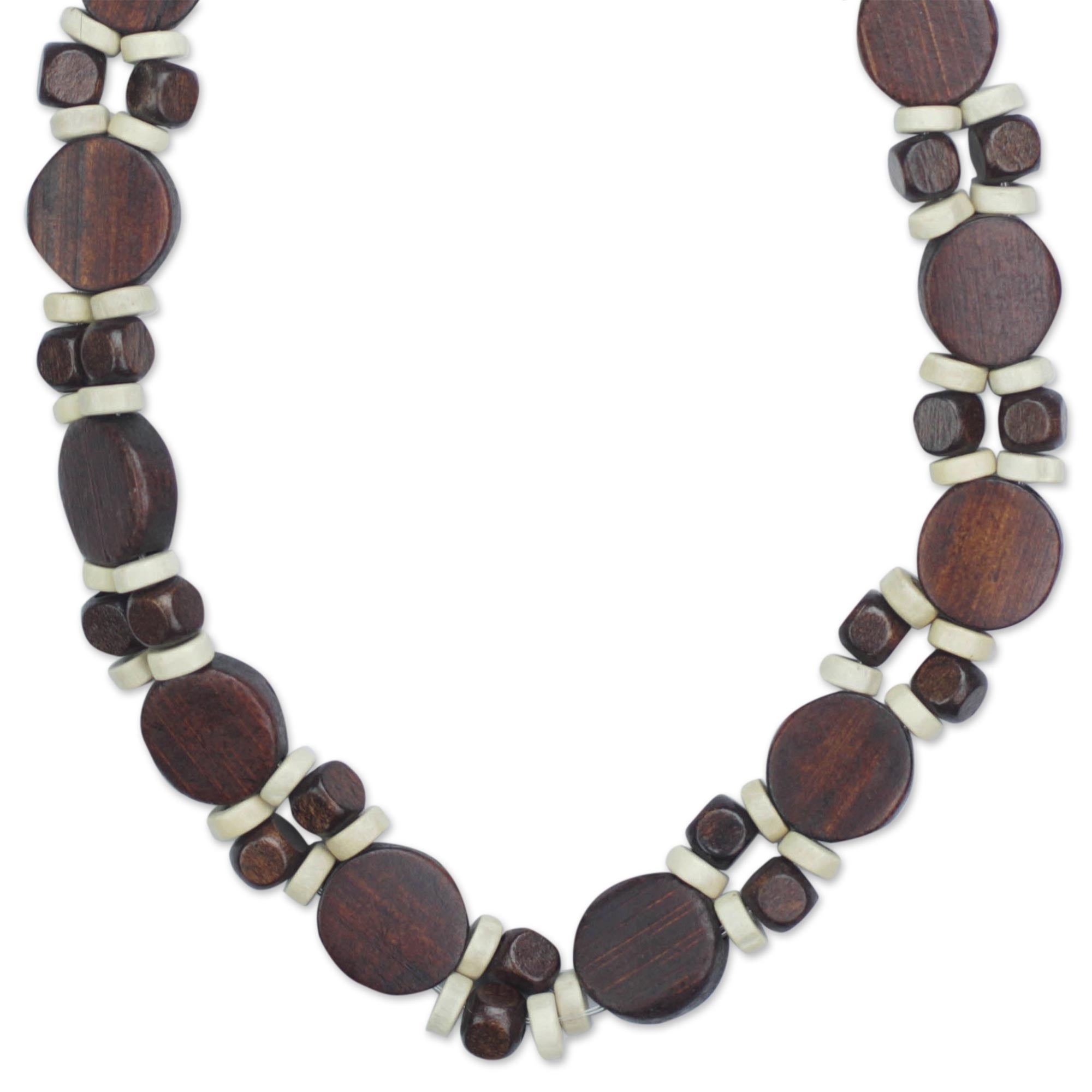 Premium Handcrafted Ghanaian Wood Beaded Necklace – Brown & White Design