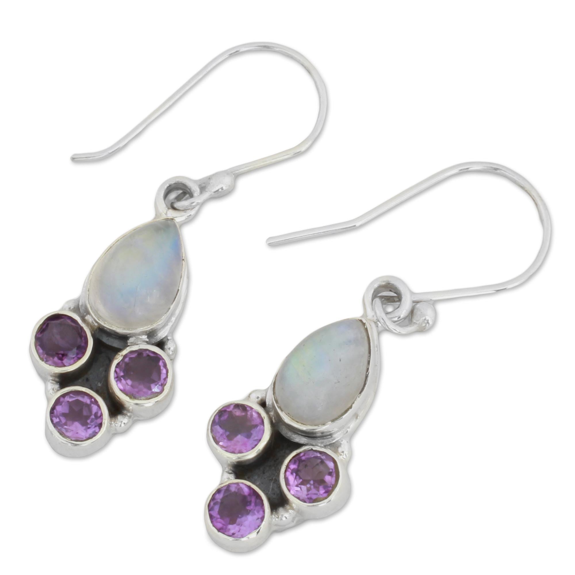 Premium Purple Rainbow Moonstone & Amethyst Dangle Earrings - Handcrafted Sterling Silver Jewelry from India