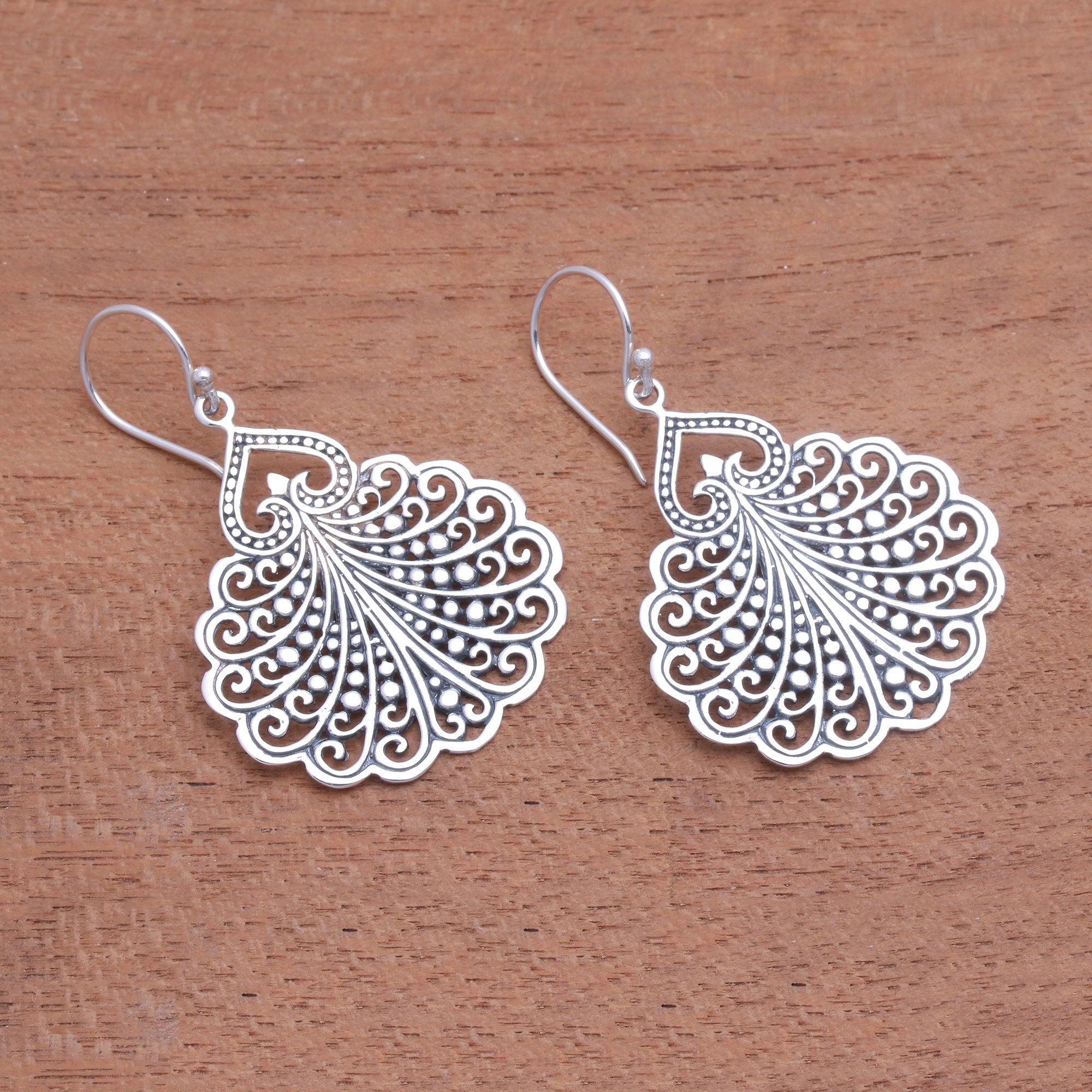 Premium Peacock Tail Sterling Silver Dangle Earrings - Handcrafted in Bali