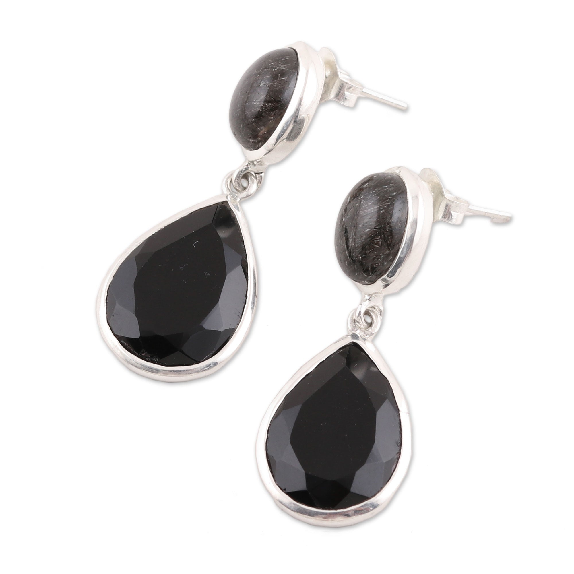 Premium Alluring Onyx & Tourmalinated Quartz Dangle Earrings