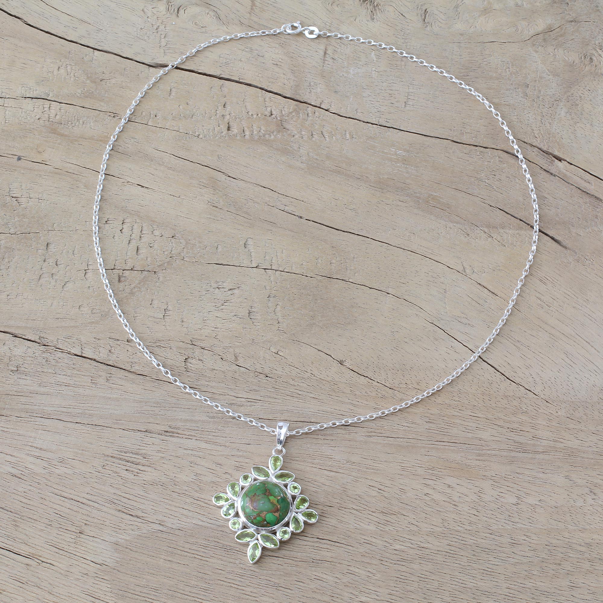 Premium Green Turquoise & Peridot Pendant Necklace - Handcrafted Sterling Silver Jewelry