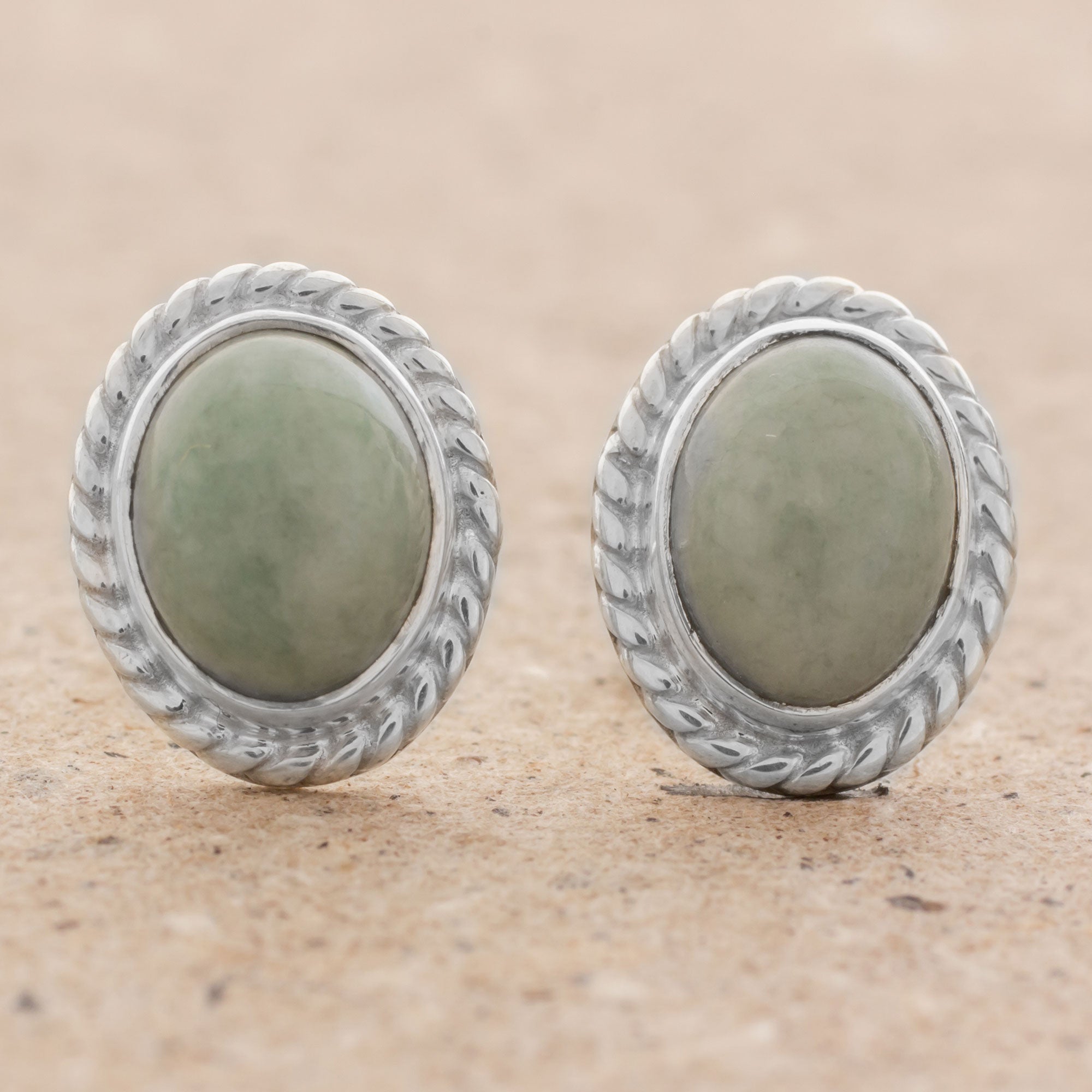 Premium Light Green Jade Oval Stud Earrings - Handcrafted in Guatemala