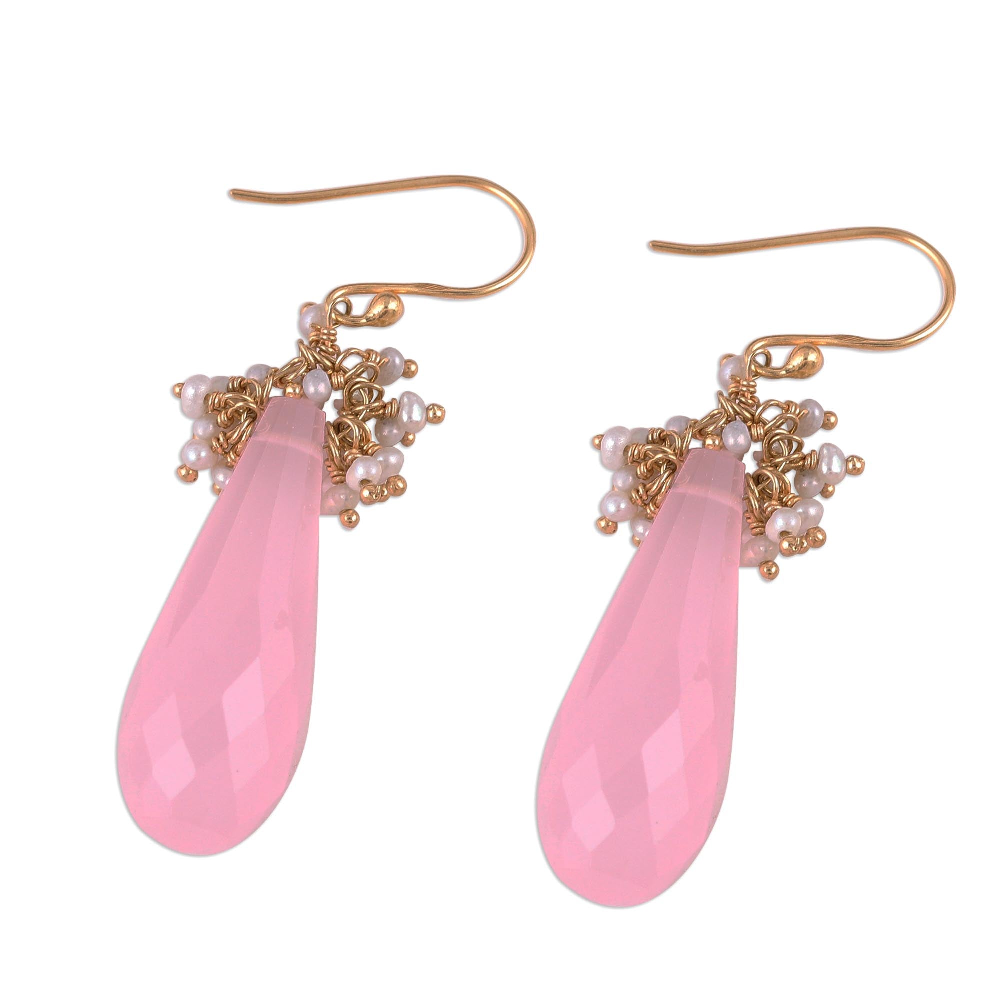 Premium Devoted Rose 22k Gold Plated Rose Quartz & Cultured Pearl Dangle Earrings