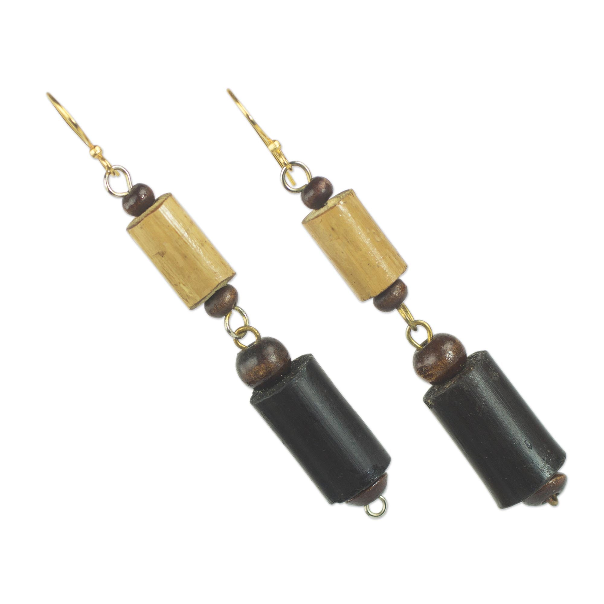 Premium African Bamboo & Sese Wood Dangle Earrings with Brass Hooks – Handcrafted in Ghana