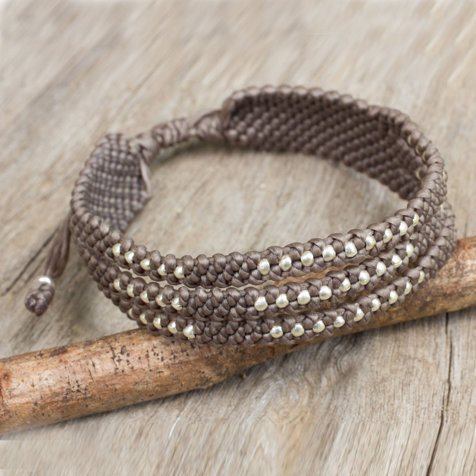 Premium Handcrafted Macrame Bracelet with Silver 950 Beads - Starlight & Khaki