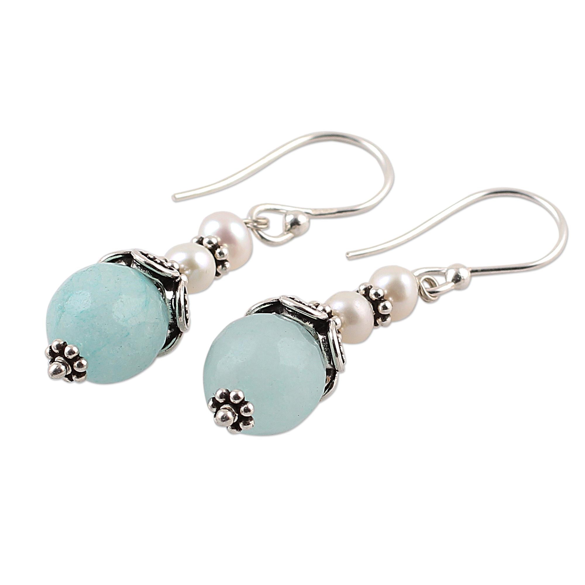 Premium Aqua Aventurine & Pearl Dangle Earrings by Narayani