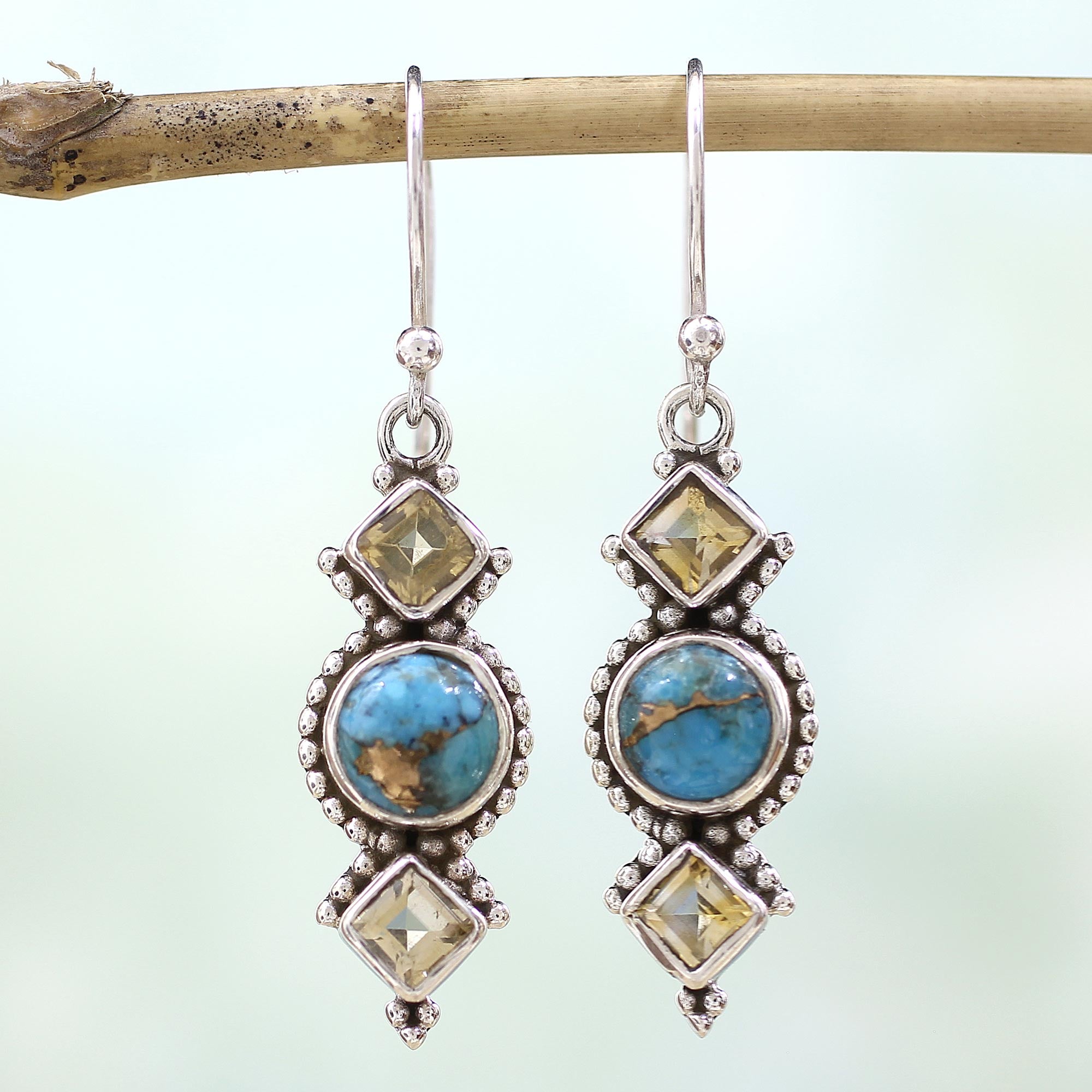 Premium Seashore Radiance Citrine & Silver Dangle Earrings - Handcrafted in India