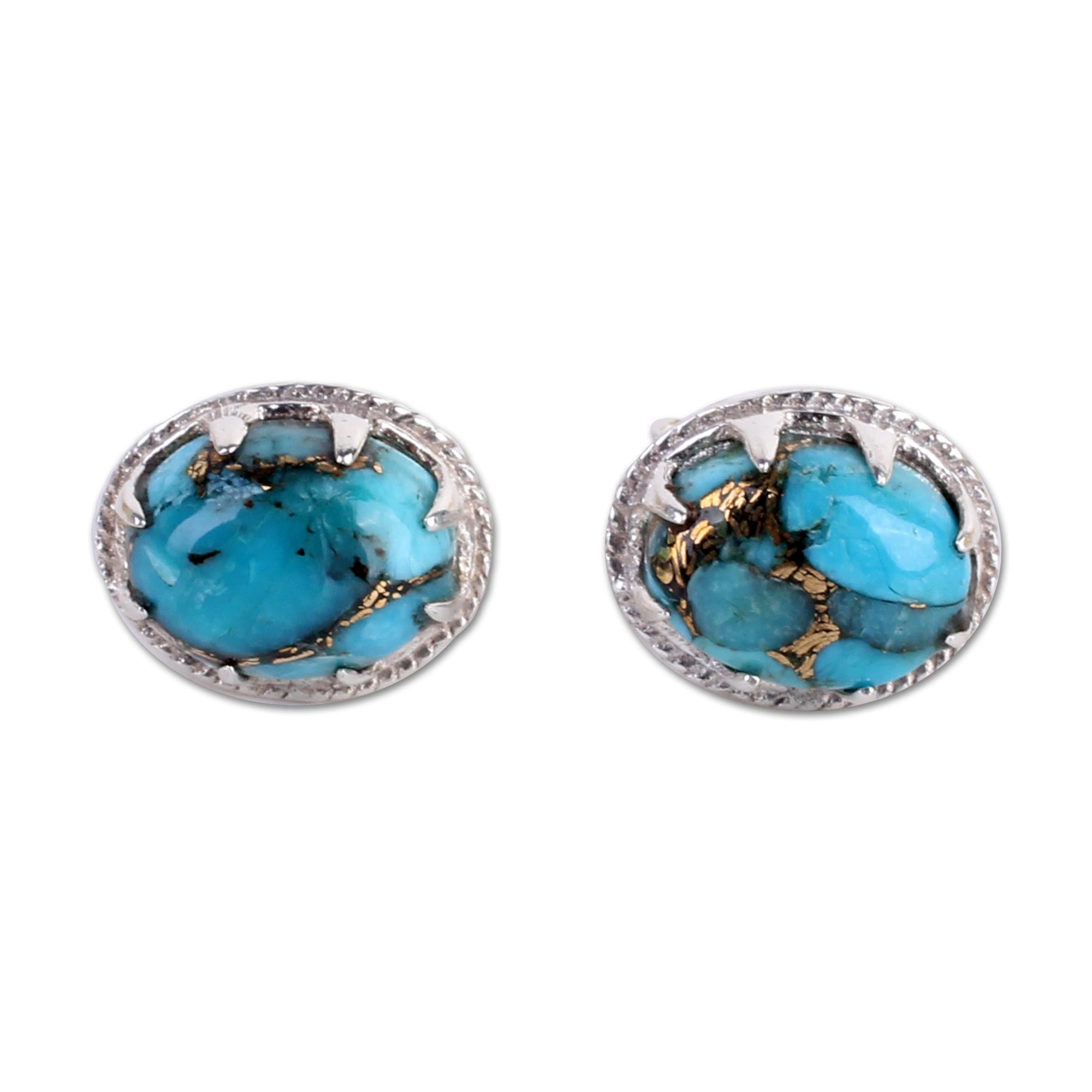 Premium Blue Oval Turquoise & Silver Stud Earrings – Handcrafted Elegance