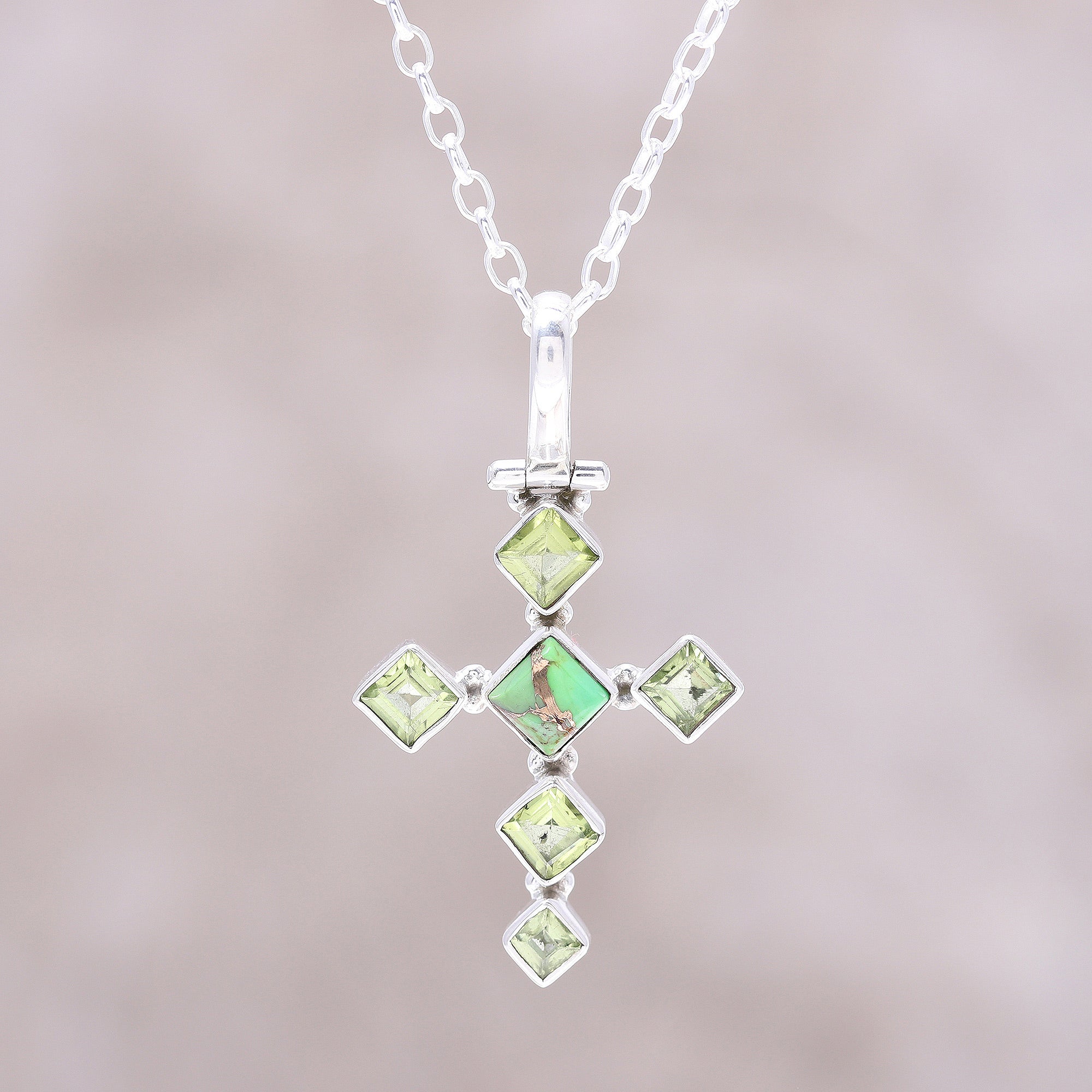 Premium Verdant Cross Pendant Necklace with Peridot and Turquoise