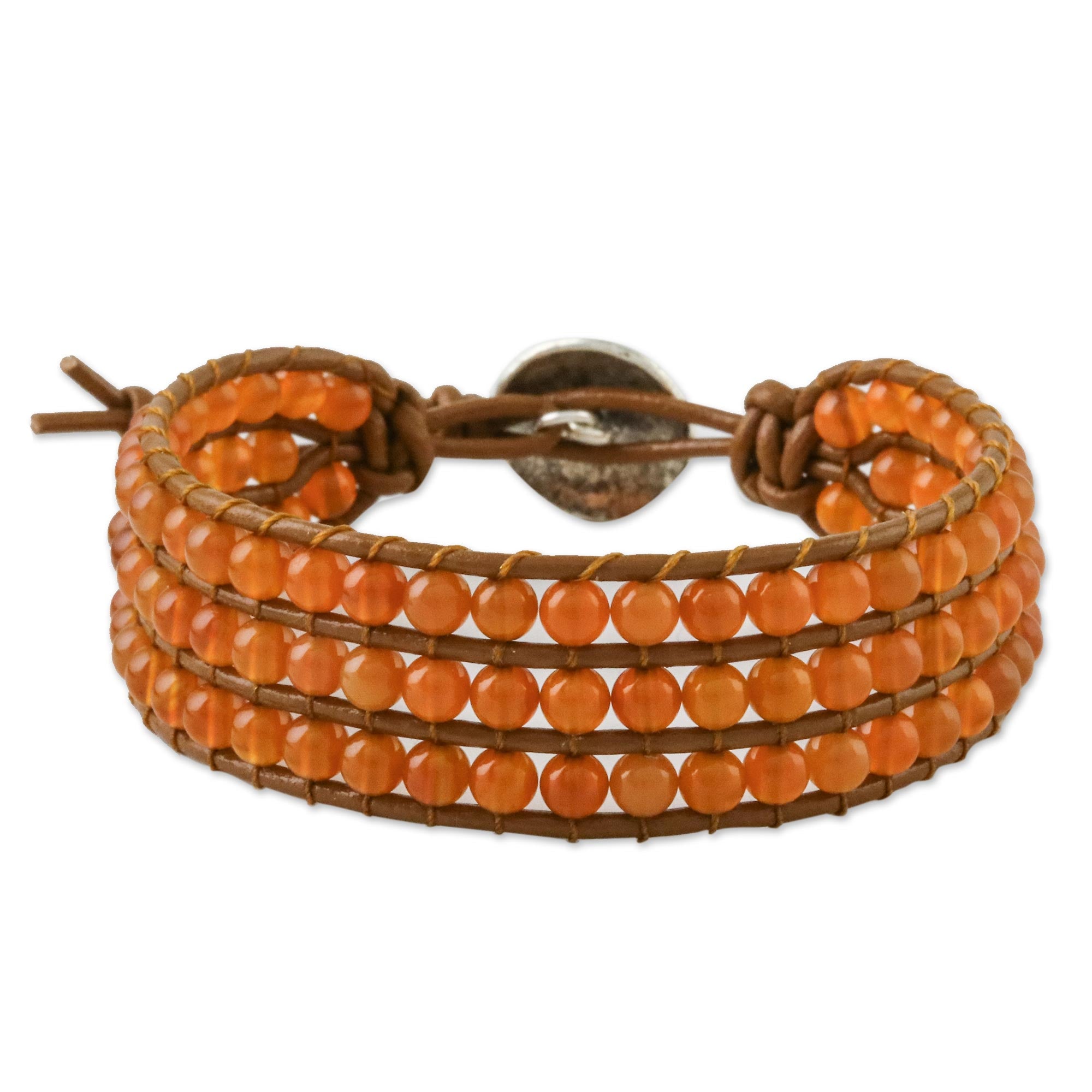 Premium Carnelian & Karen Silver Leather Bracelet - Sunlit Dawn Collection