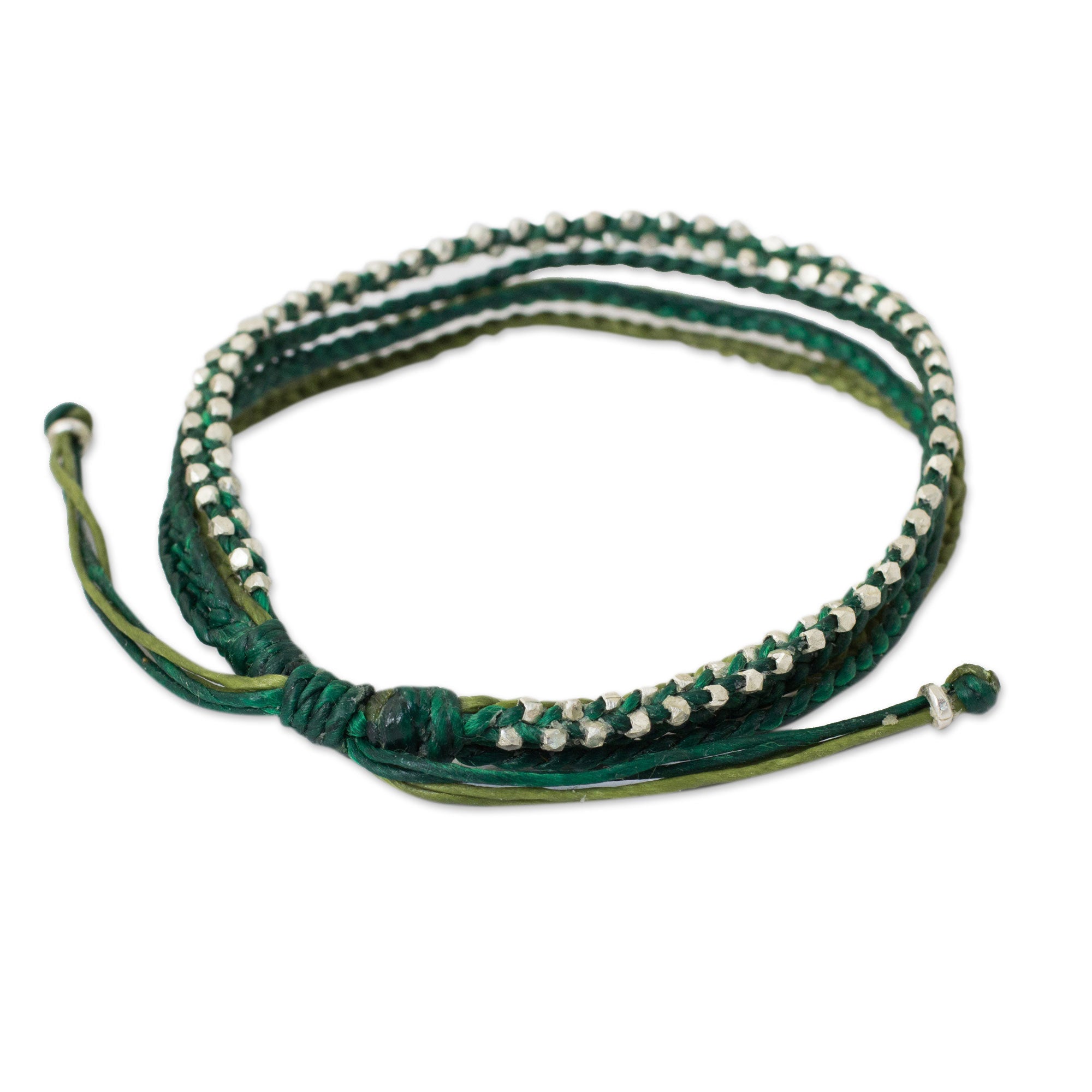 Premium Handcrafted Green Cord Bracelet with 950 Silver Beads