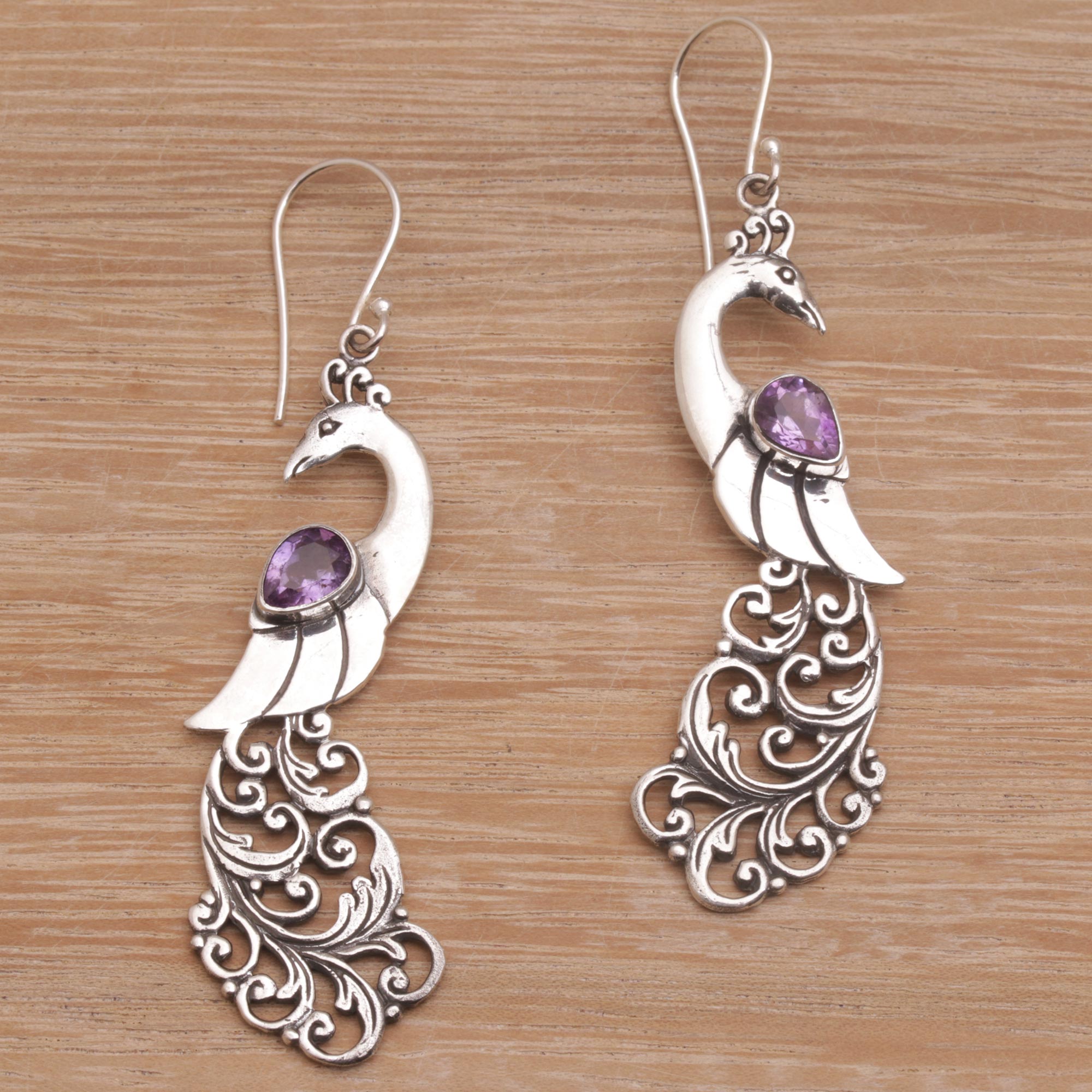 Premium Amethyst Peafowl Dangle Earrings in Sterling Silver