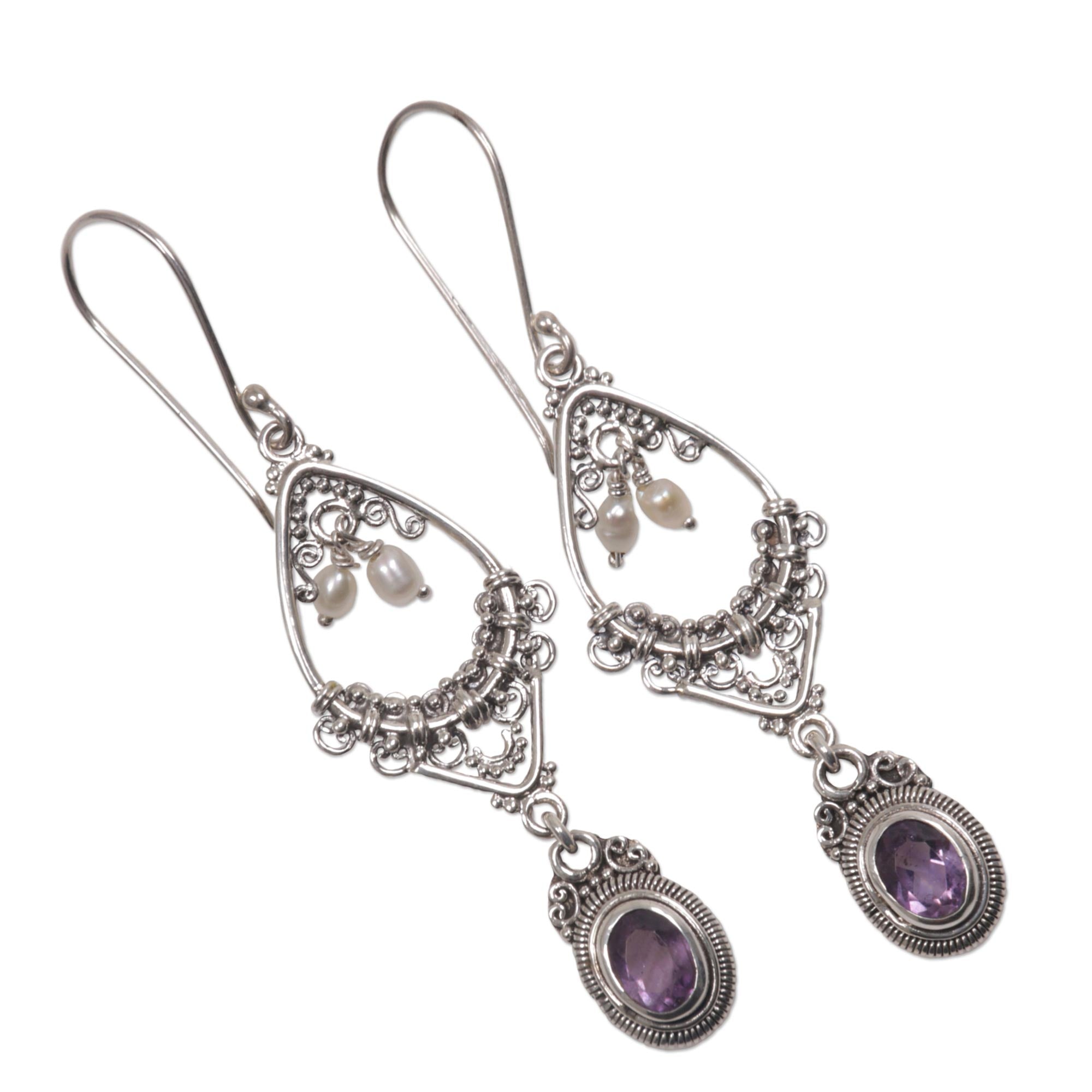 Premium Empress Amethyst & Pearl Floral Earrings