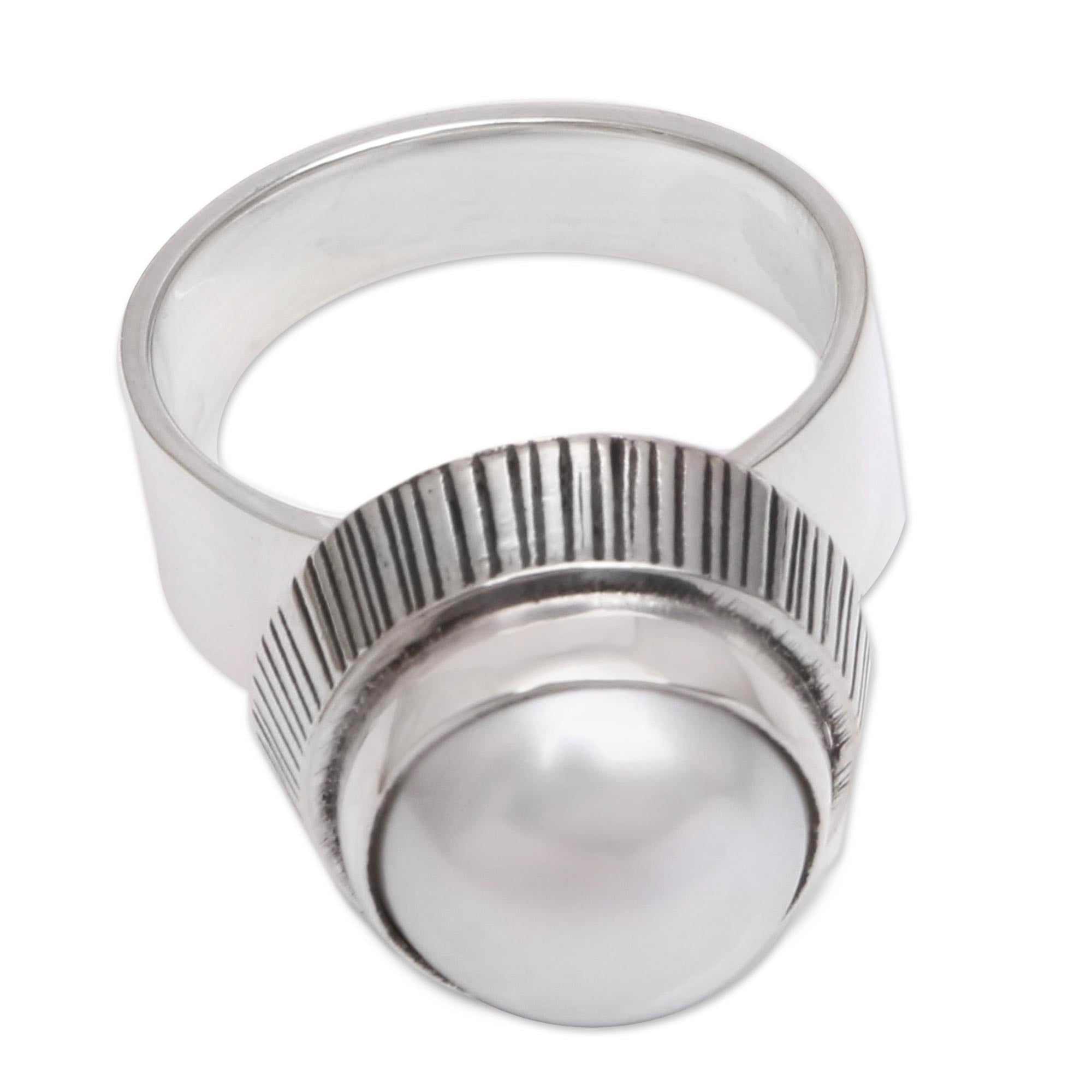 Premium Glowing Button Cultured Pearl Cocktail Ring - Handcrafted in Bali