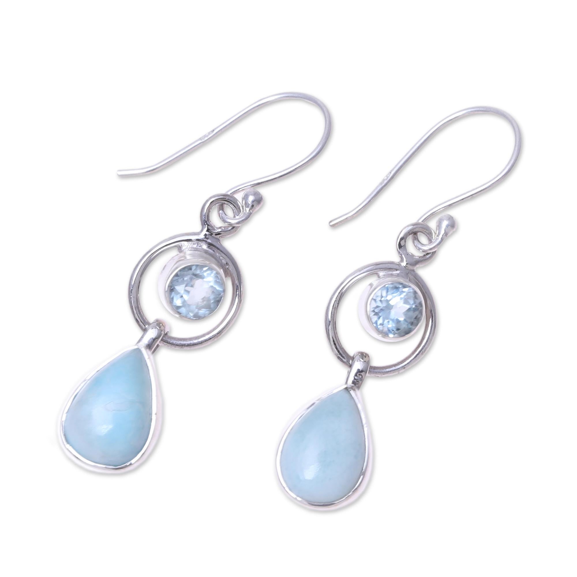 Premium Larimar and Blue Topaz Dangle Earrings - Handcrafted Sterling Silver Jewelry