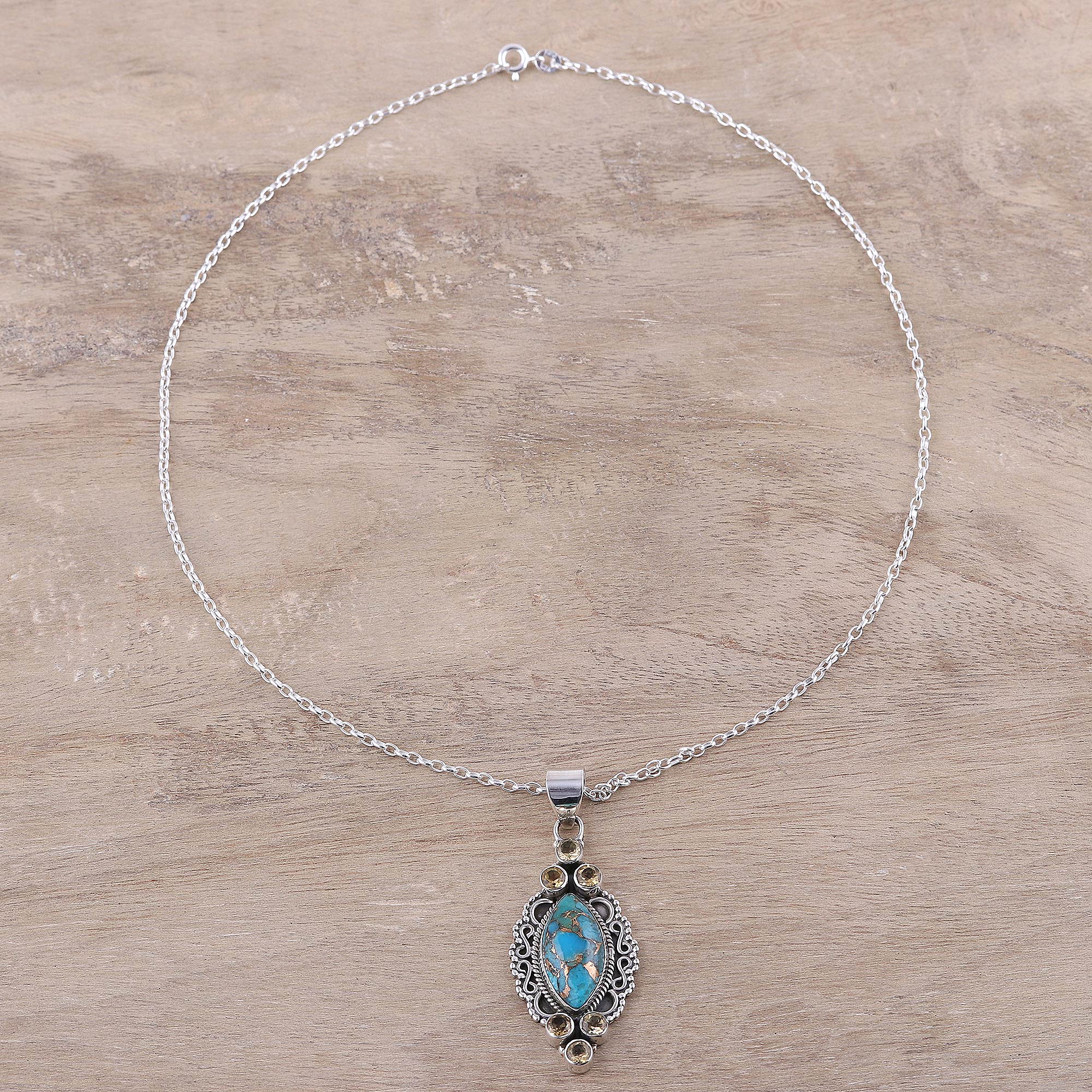 Premium Ocean Glow Sterling Silver Citrine & Turquoise Pendant Necklace