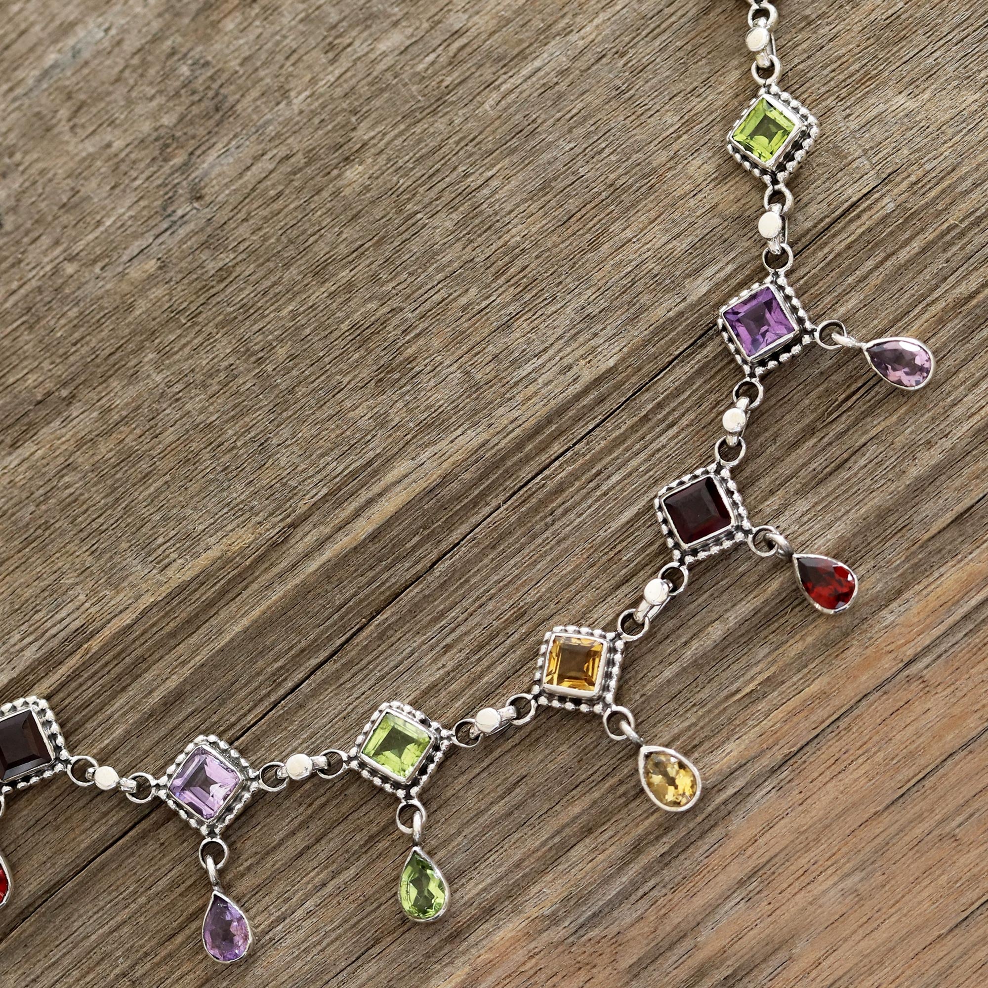 Premium Shimmering Light Multi-Gemstone Link Necklace - Handcrafted in India