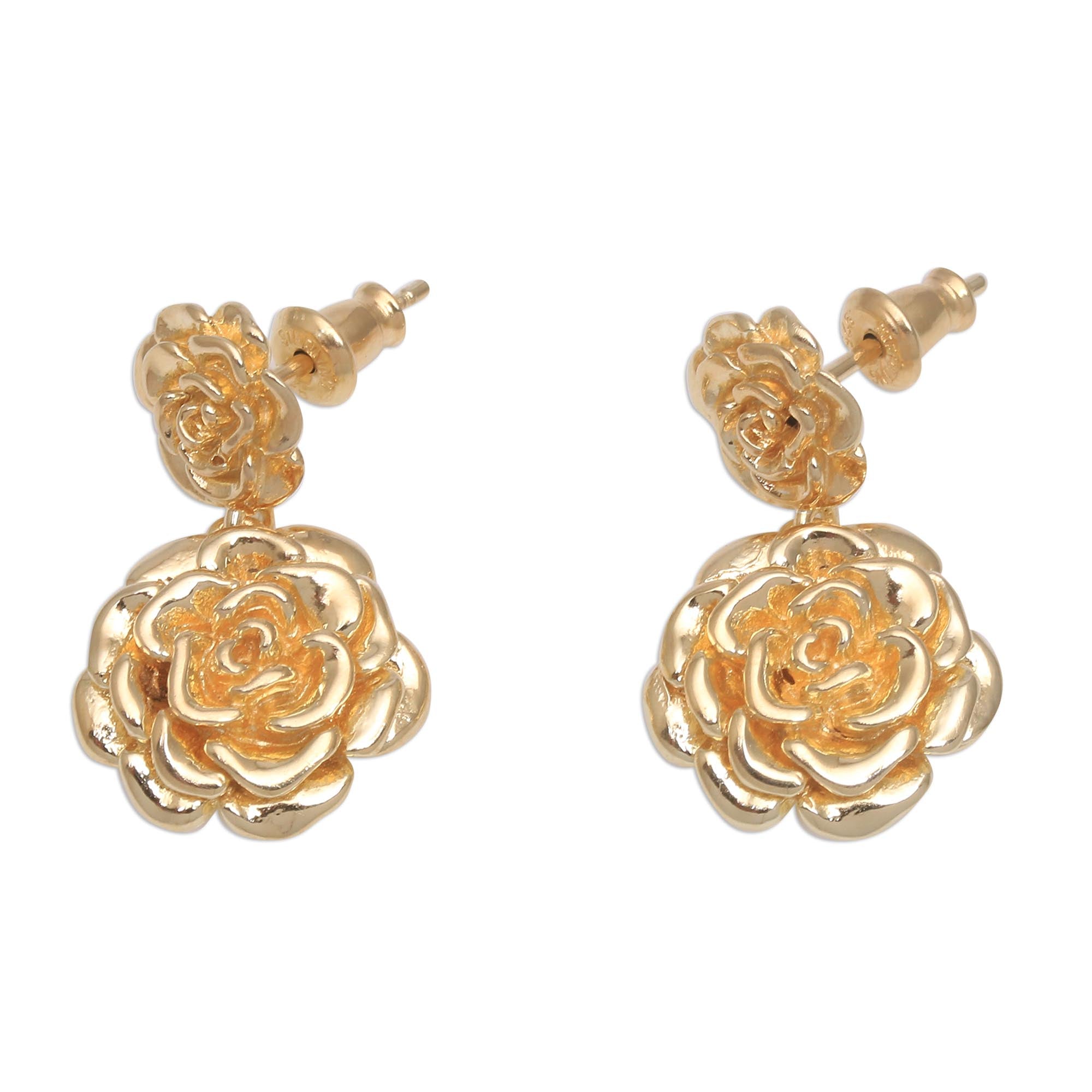 Premium Blooming Rose 18k Gold Plated Sterling Silver Dangle Earrings