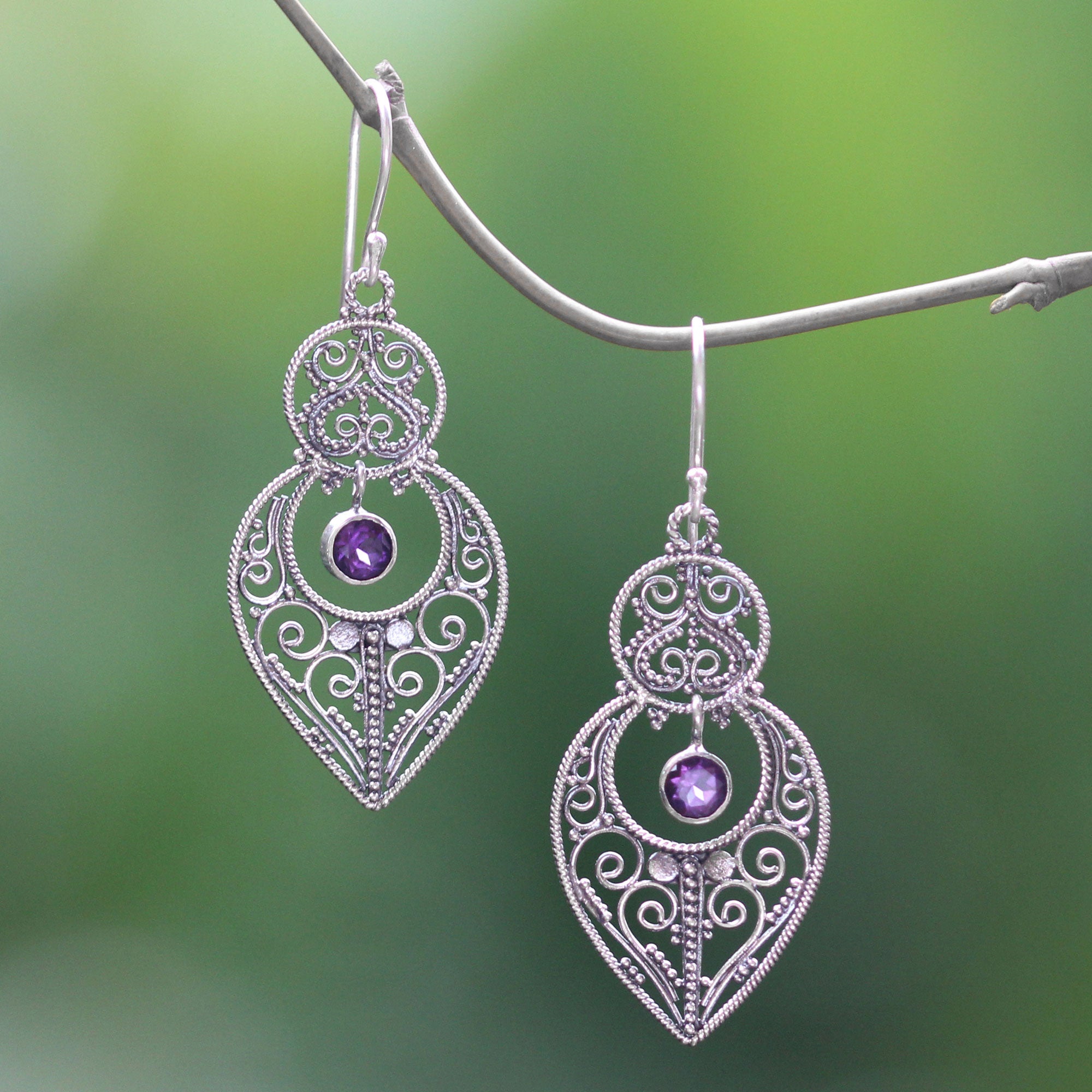 Premium Majapahit Amethyst Sterling Silver Dangle Earrings - Bali Handcrafted Jewelry