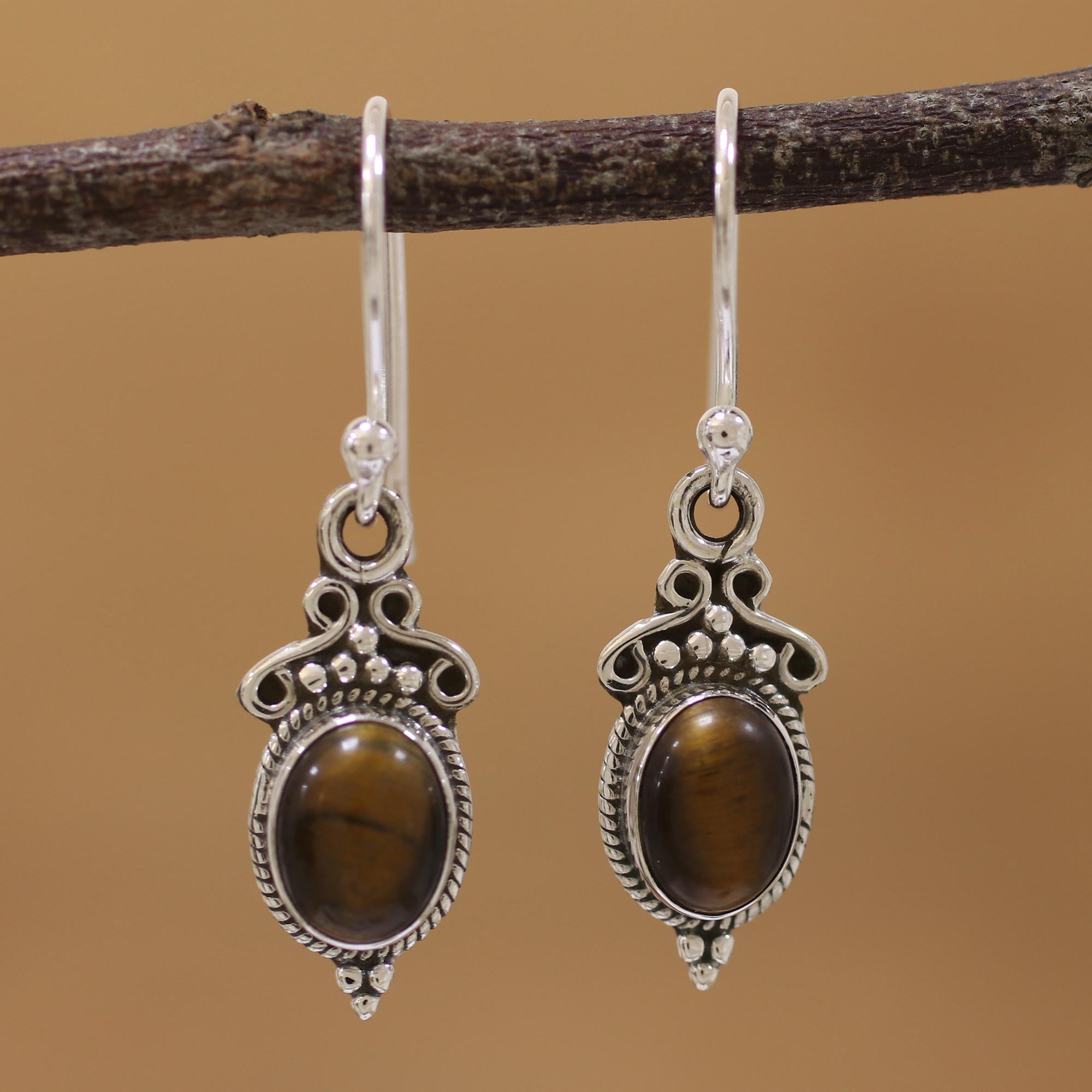 Premium Tiger's Eye Sterling Silver Dangle Earrings - Handcrafted in India