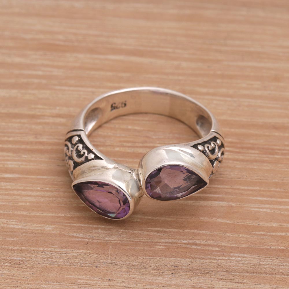 Premium Temple Tears Teardrop Amethyst & Silver Cocktail Ring – Handcrafted in Bali