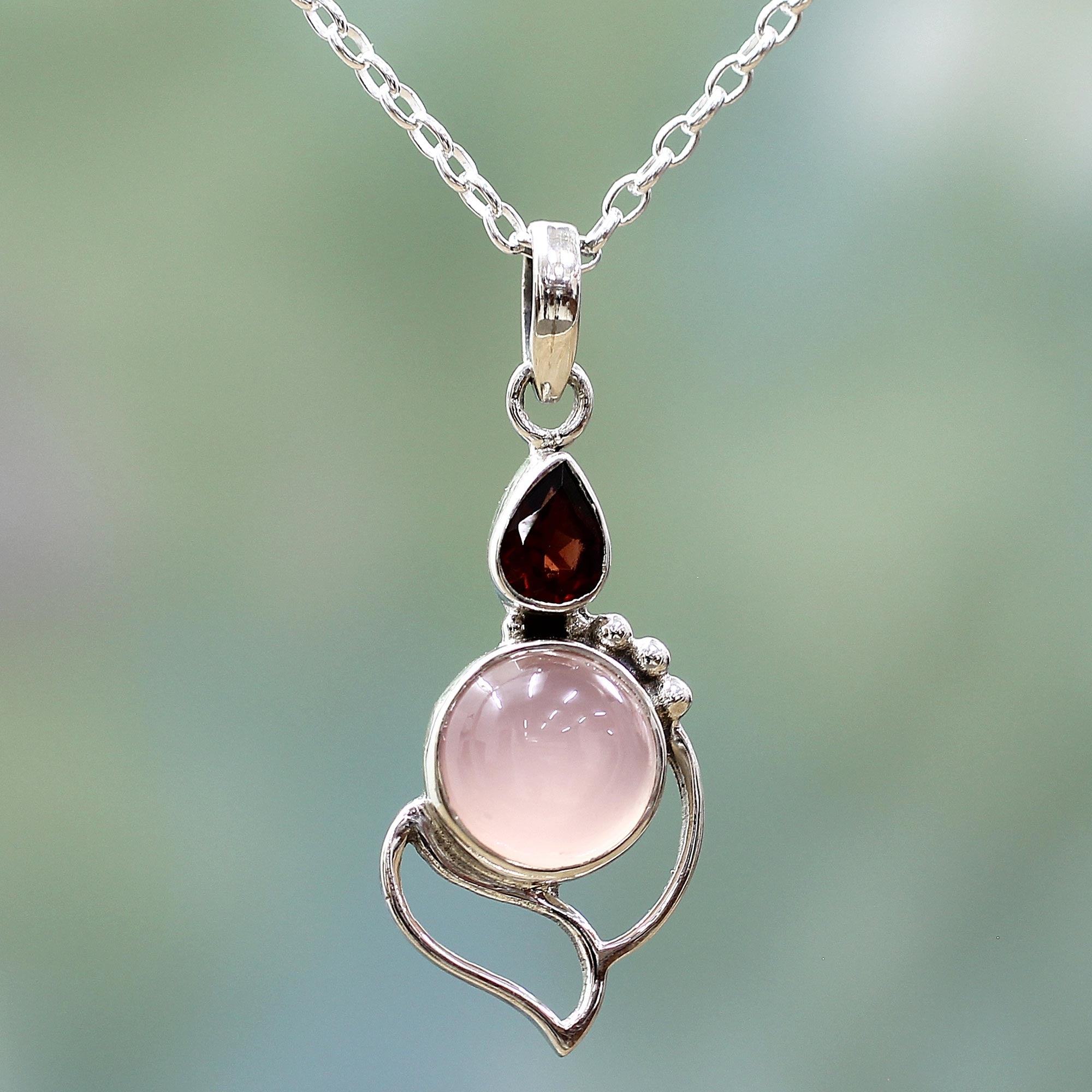 Premium Pink Crest Garnet & Chalcedony Sterling Silver Pendant Necklace - Handcrafted in India