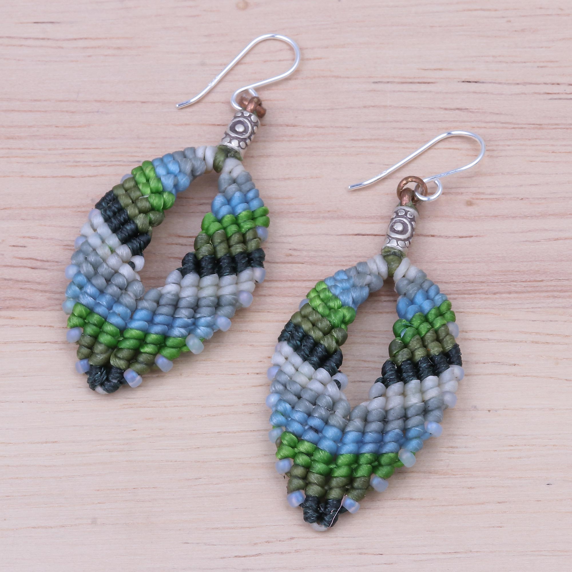 Premium Boho Blue-Green Macrame Dangle Earrings with Silver Beads