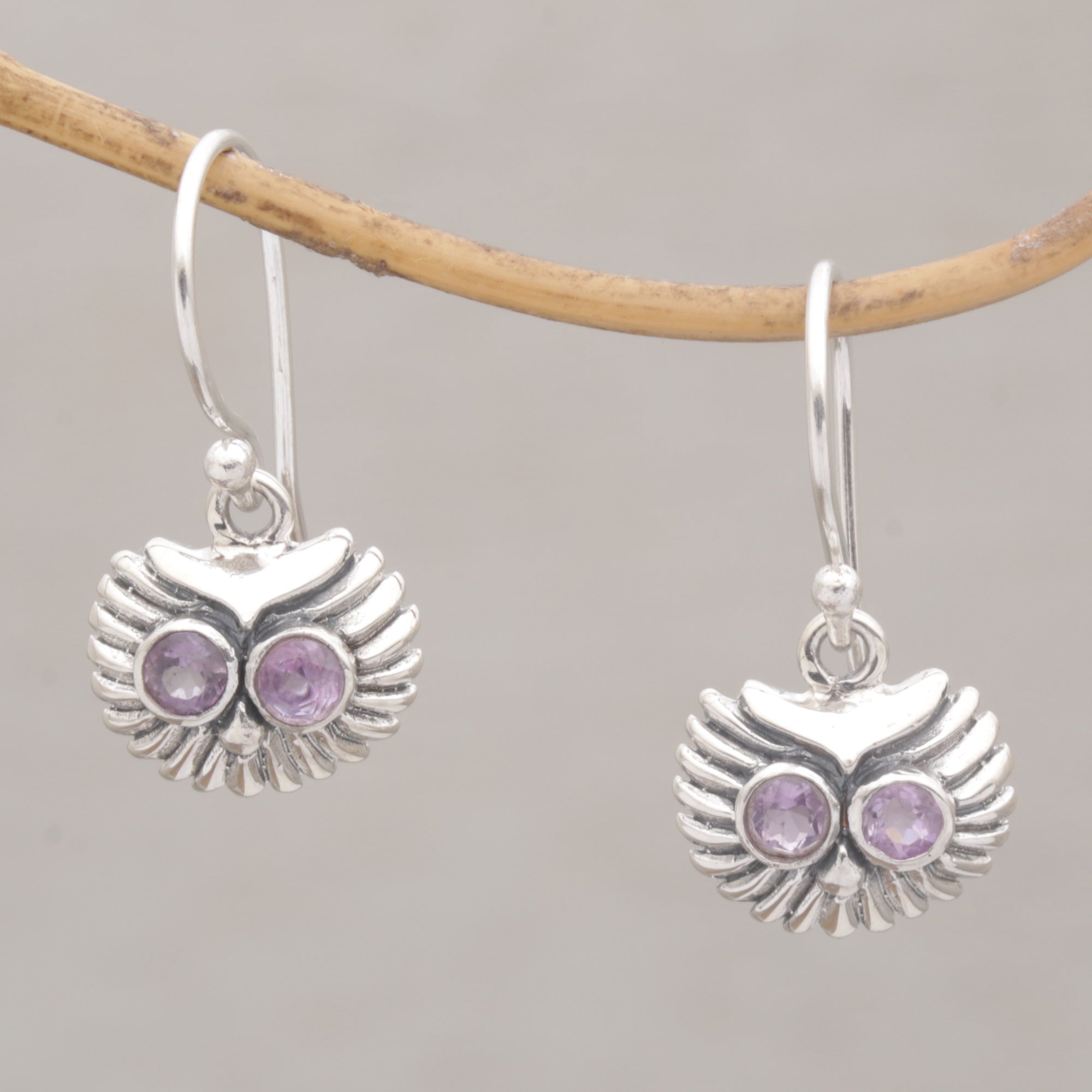 Premium Amethyst Owl Dangle Earrings - Handcrafted Sterling Silver Jewelry from Bali