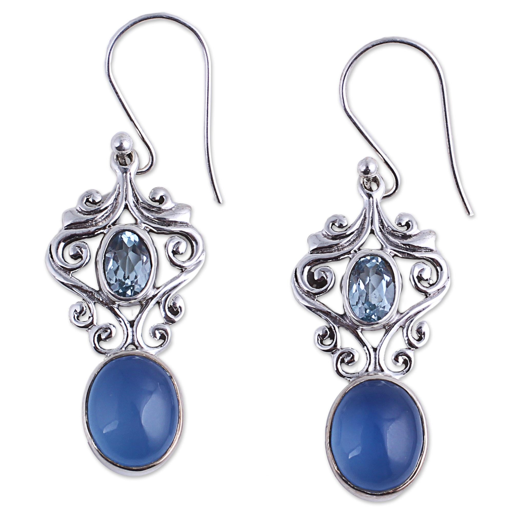 Premium Harmonious Blue Dangle Earrings - Handcrafted with Blue Chalcedony & Topaz