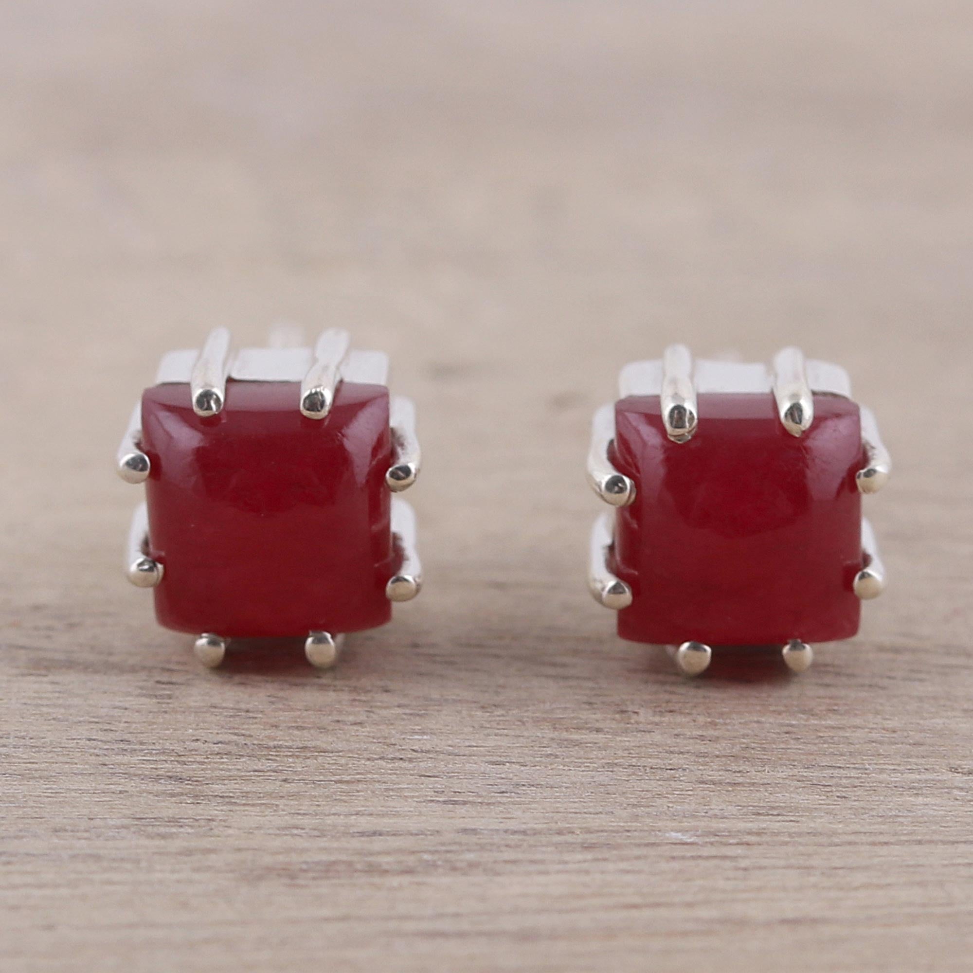 Premium Red Jasper Sterling Silver Button Earrings – Handcrafted in India