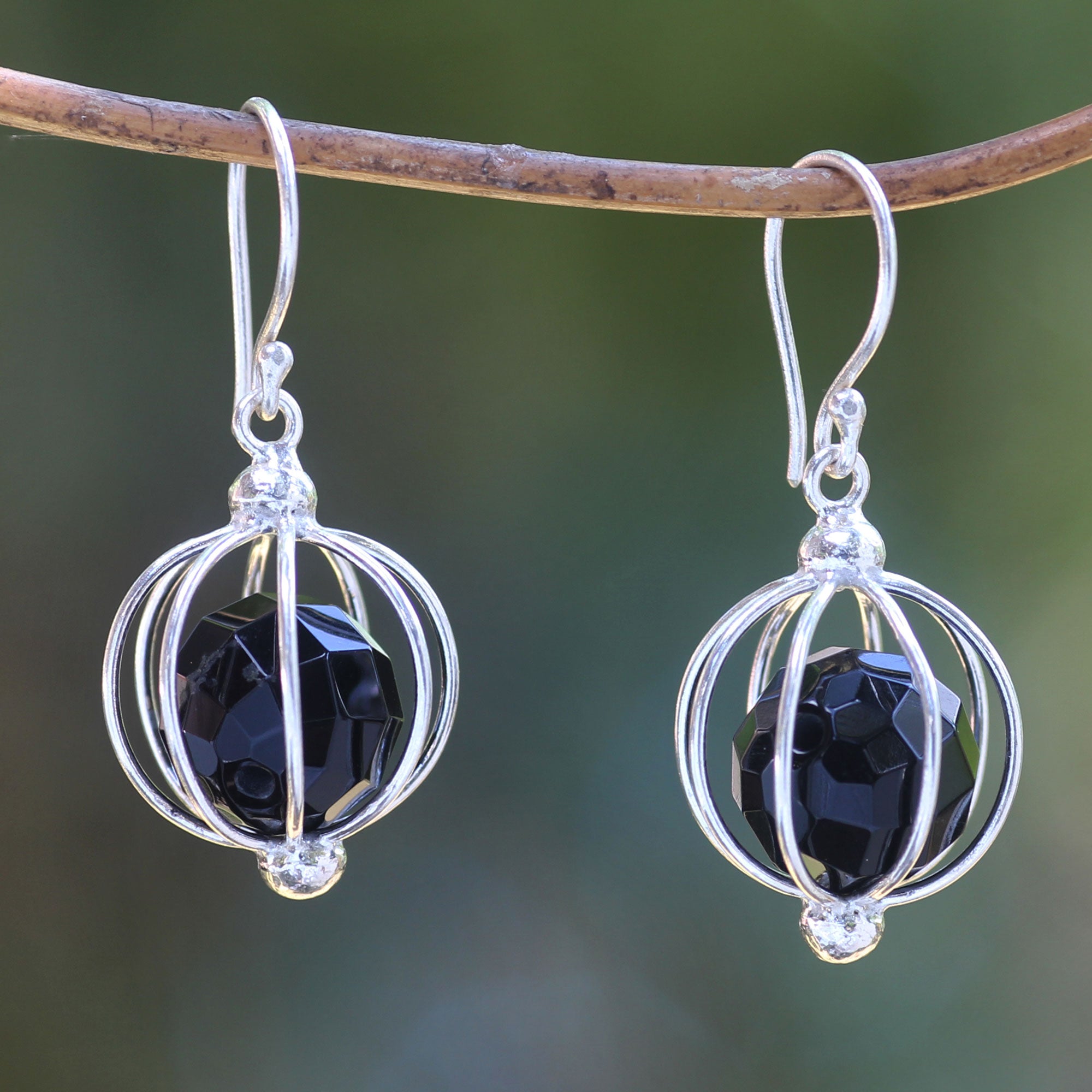 Premium Silver Lantern Earrings with Black Onyx - Handcrafted Balinese Design