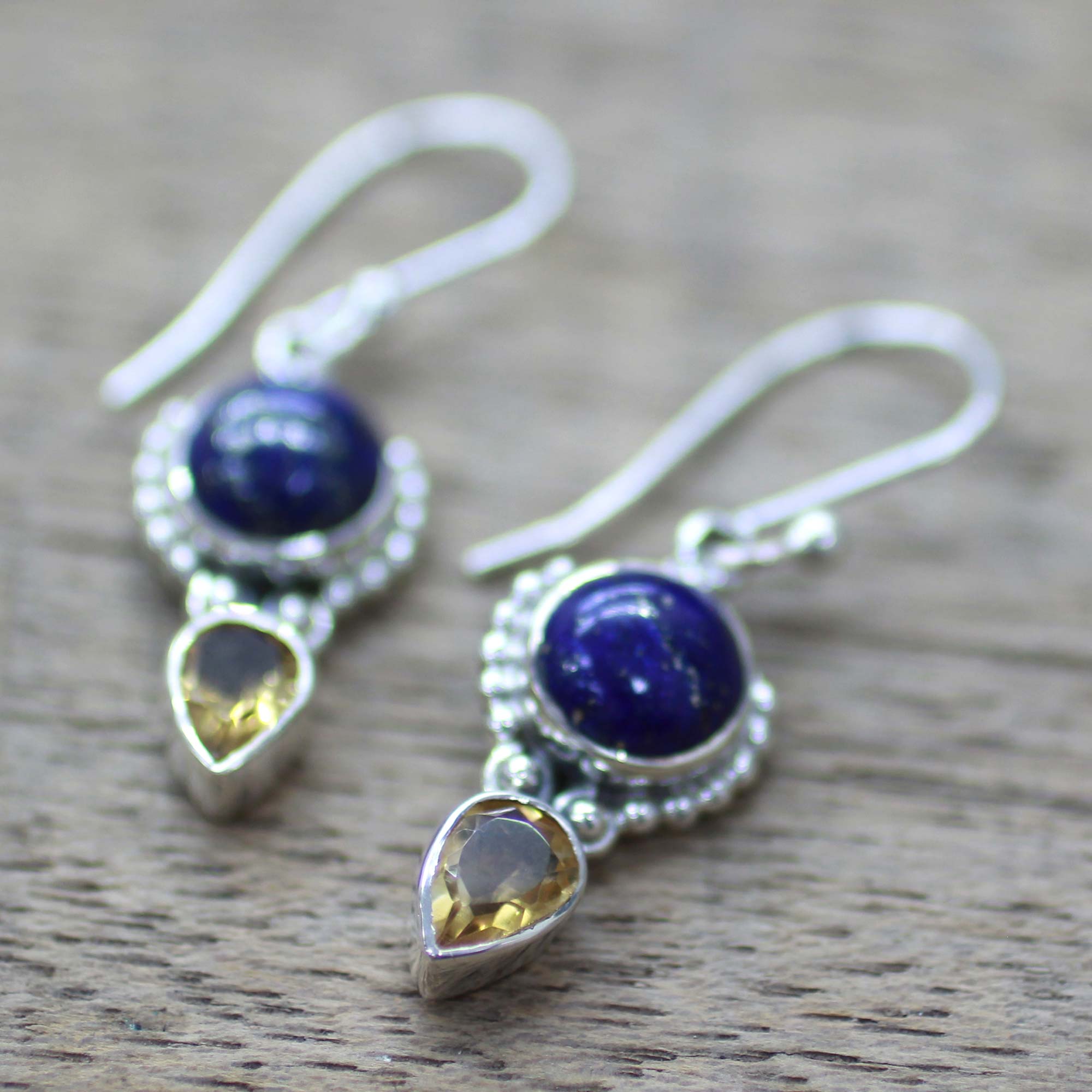 Premium Indian Dew Citrine & Lapis Lazuli Dangle Earrings - Handcrafted Sterling Silver