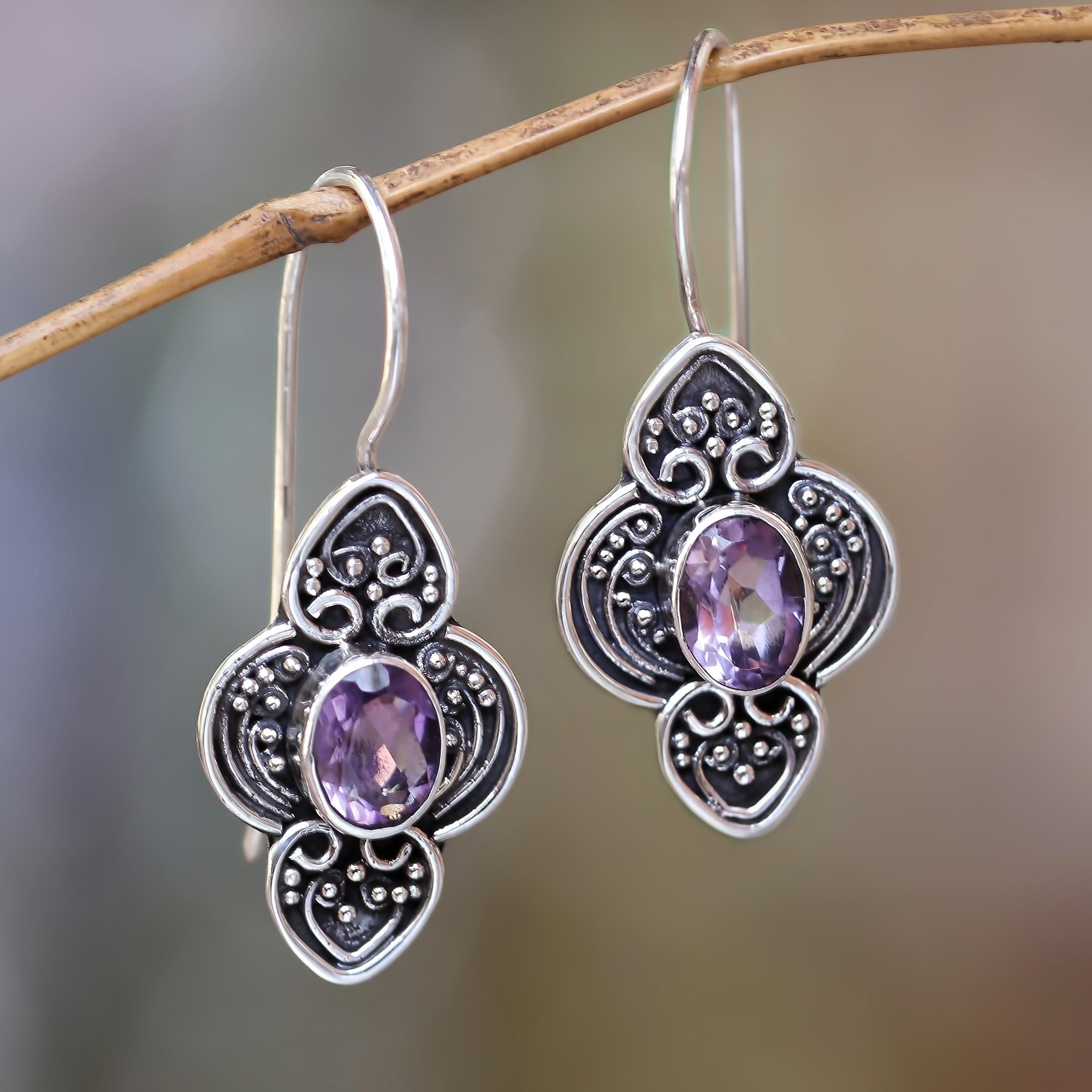 Premium Balinese Amethyst Sterling Silver Dangle Earrings - Purple Water Hyacinth Design