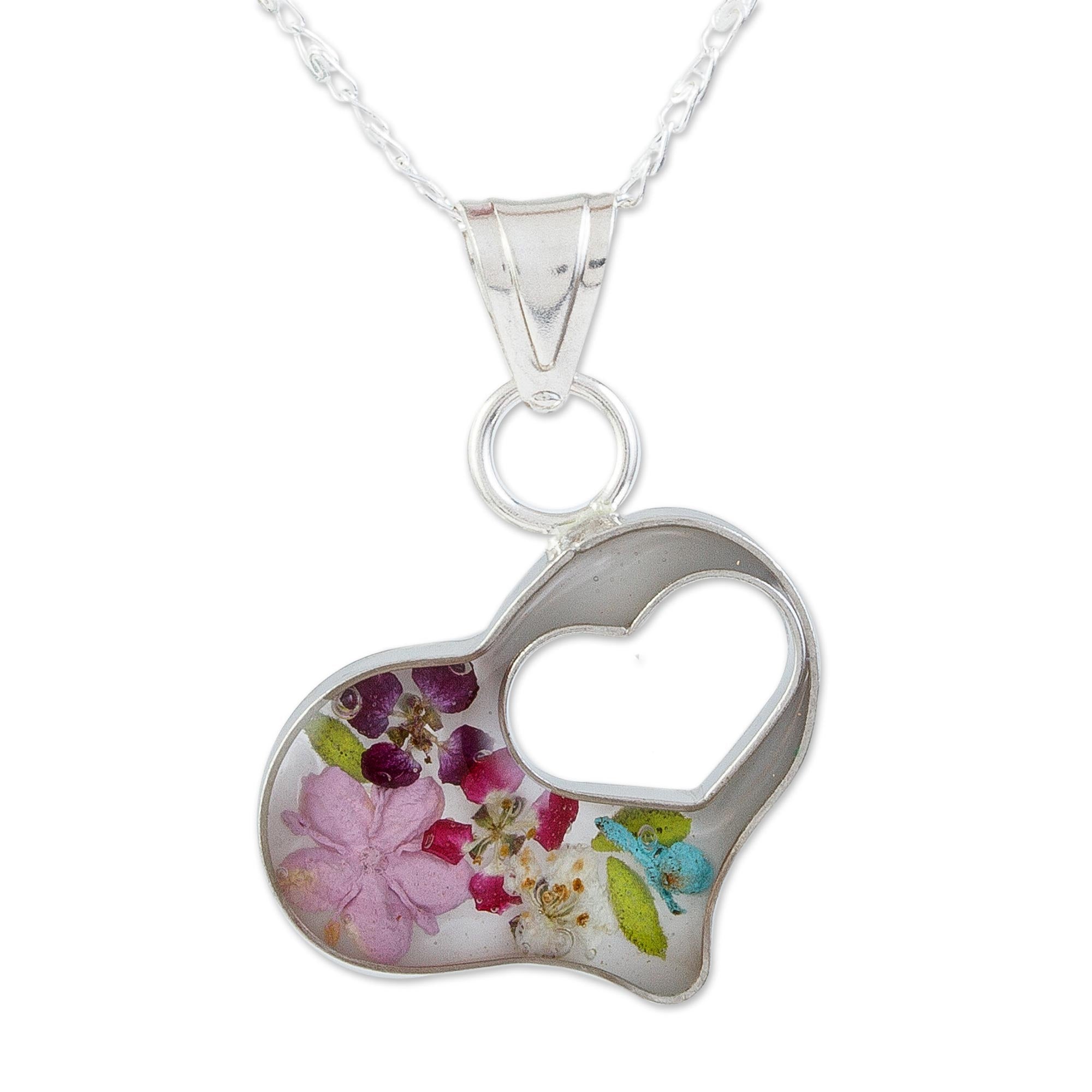 Premium Double Heart Flower Resin Pendant Necklace in Sterling Silver