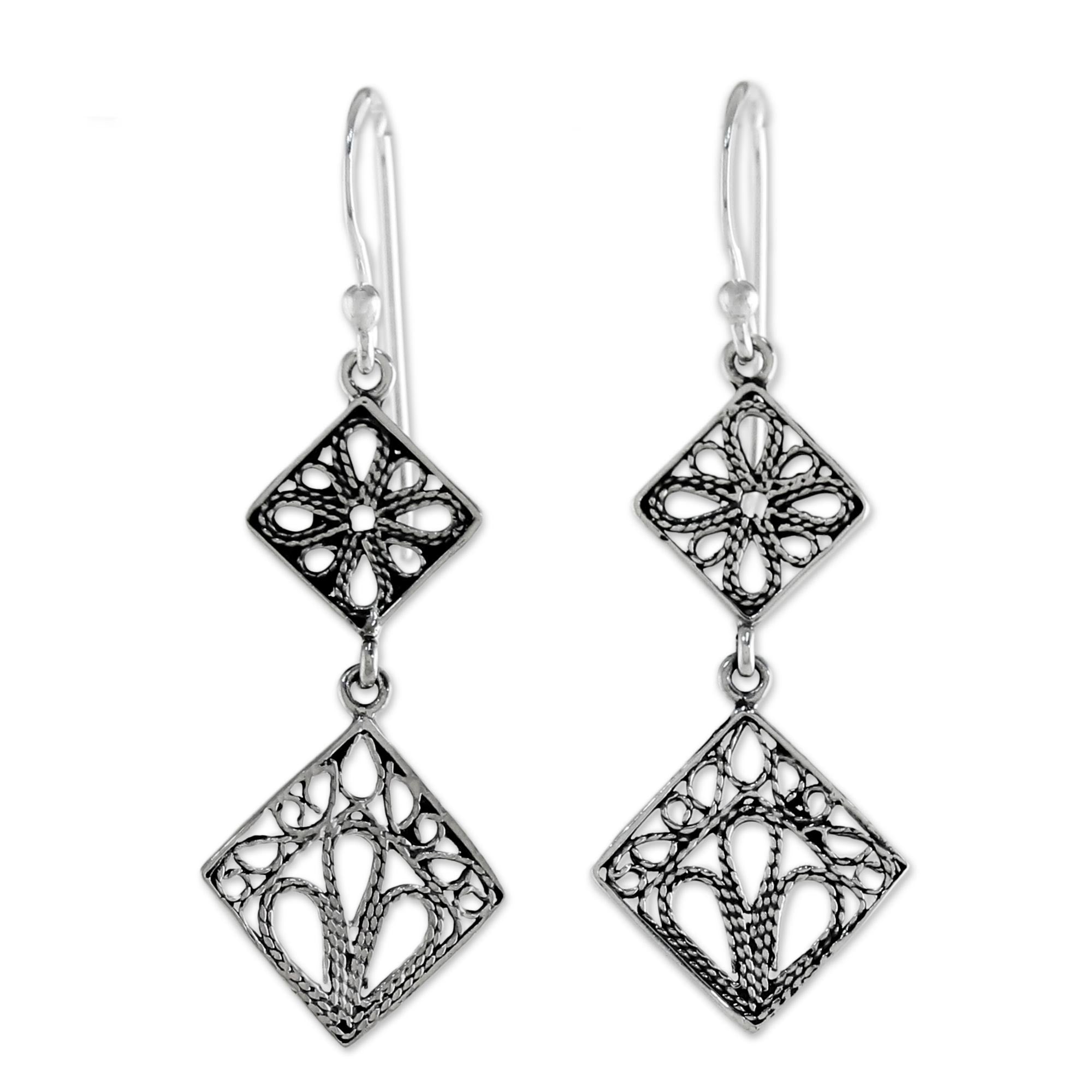 Premium Sterling Silver Filigree Square Dangle Earrings - Elegant & Versatile