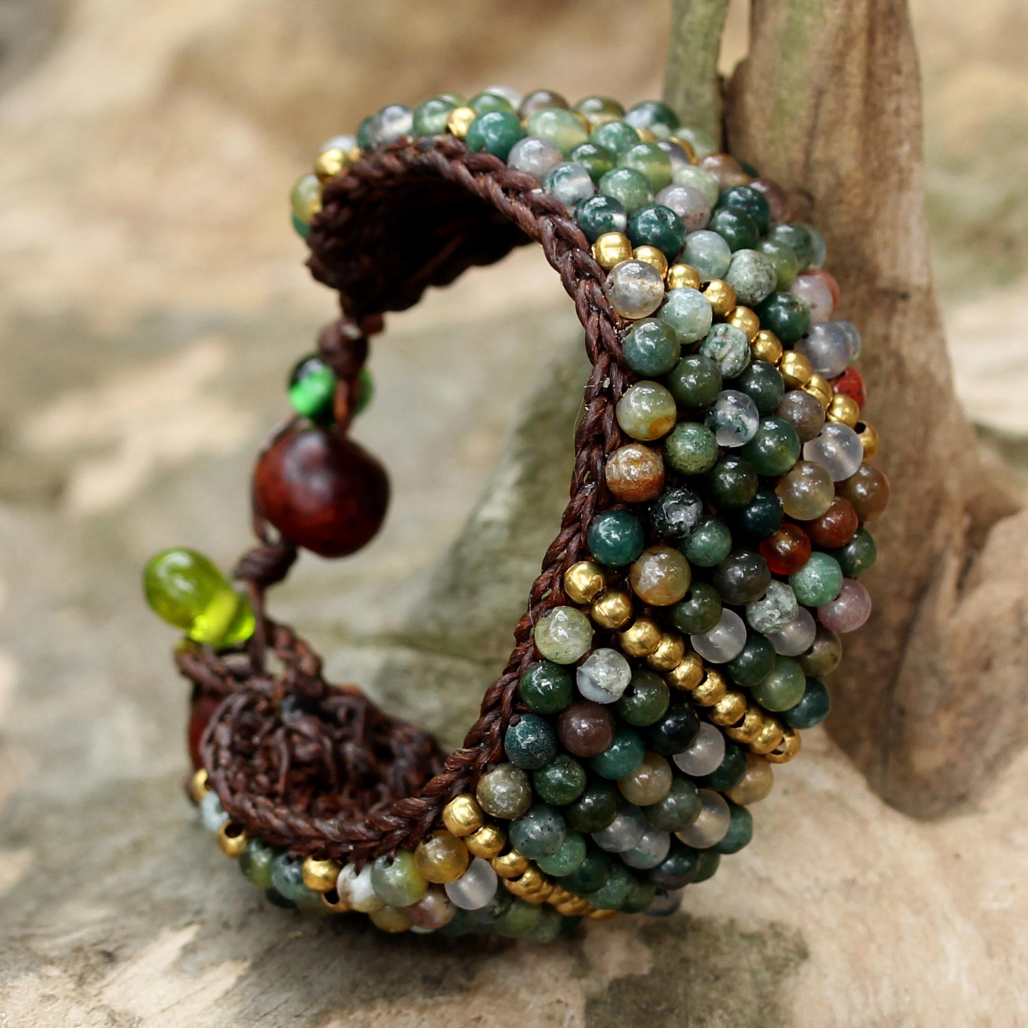 Premium Thai Smile Jasper & Brass Beaded Bracelet – Handcrafted Adjustable Wristband