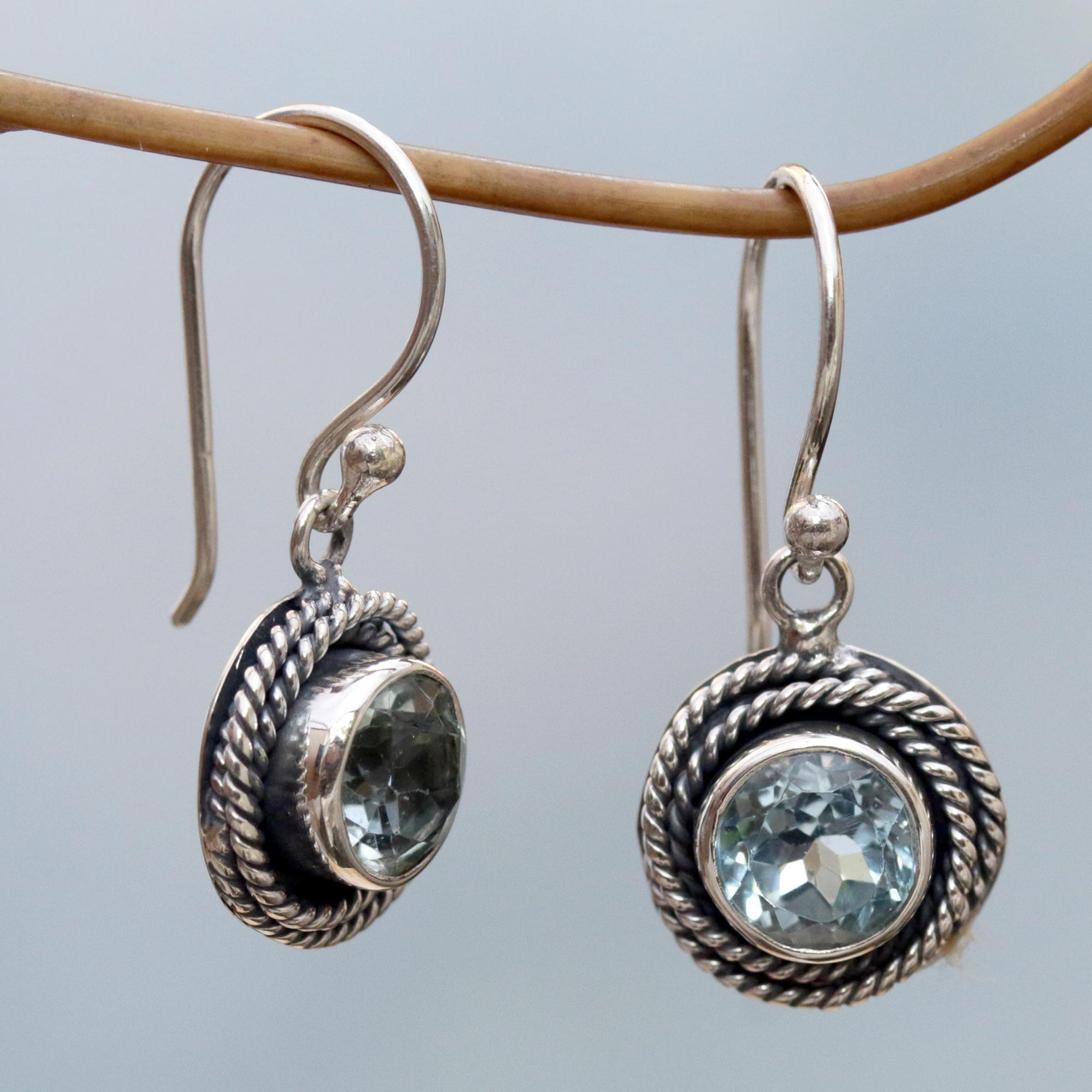 Premium Blue Topaz Dangle Earrings with Sterling Silver Rope Design