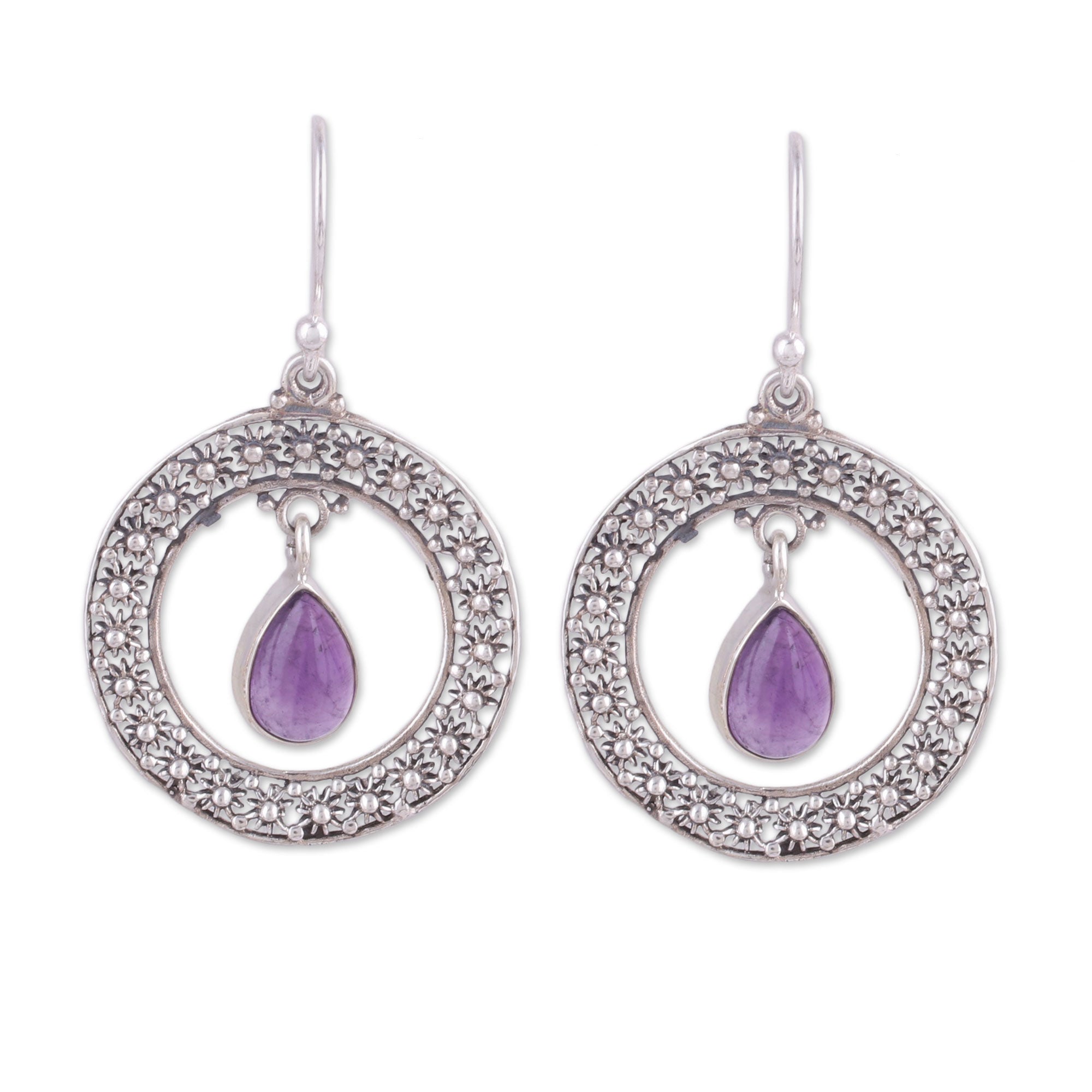 Premium Sterling Silver Amethyst Floral Dangle Earrings - Handcrafted Elegance